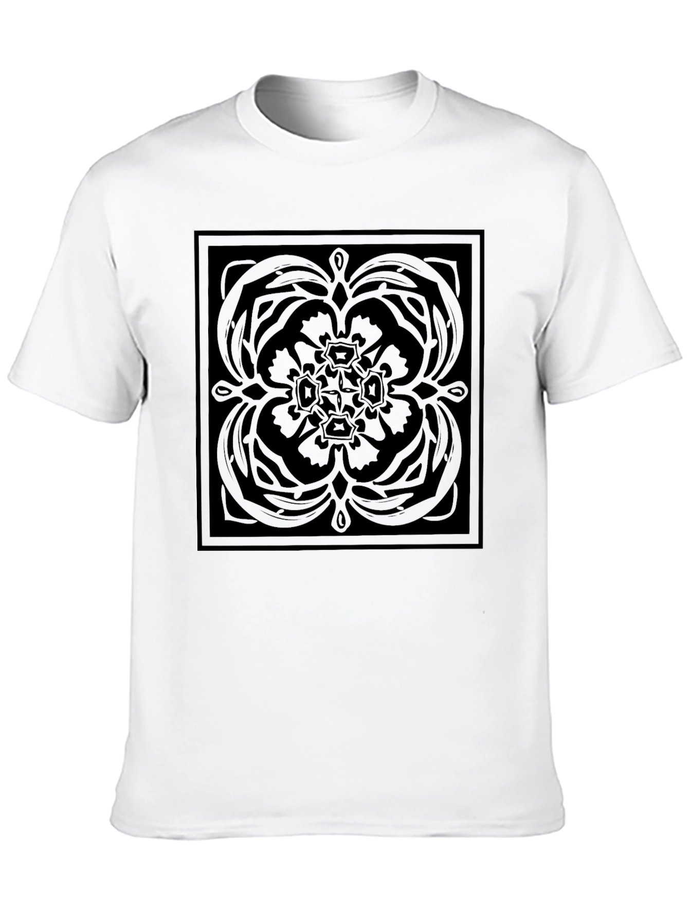 Stylish Black Graphic Tee - Square Floral Pattern