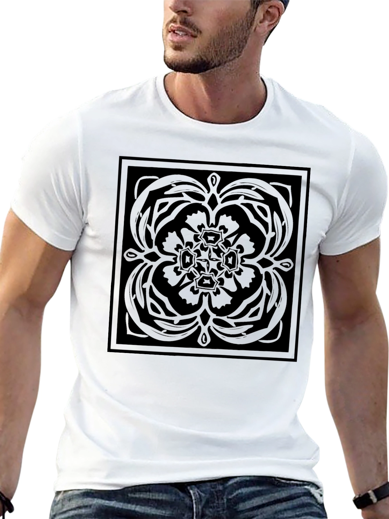 Stylish Black Graphic Tee - Square Floral Pattern