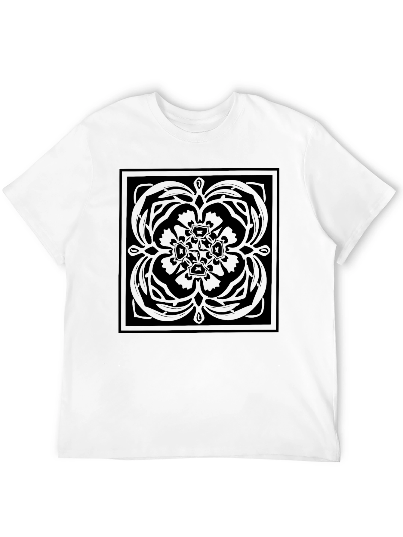 Stylish Black Graphic Tee - Square Floral Pattern