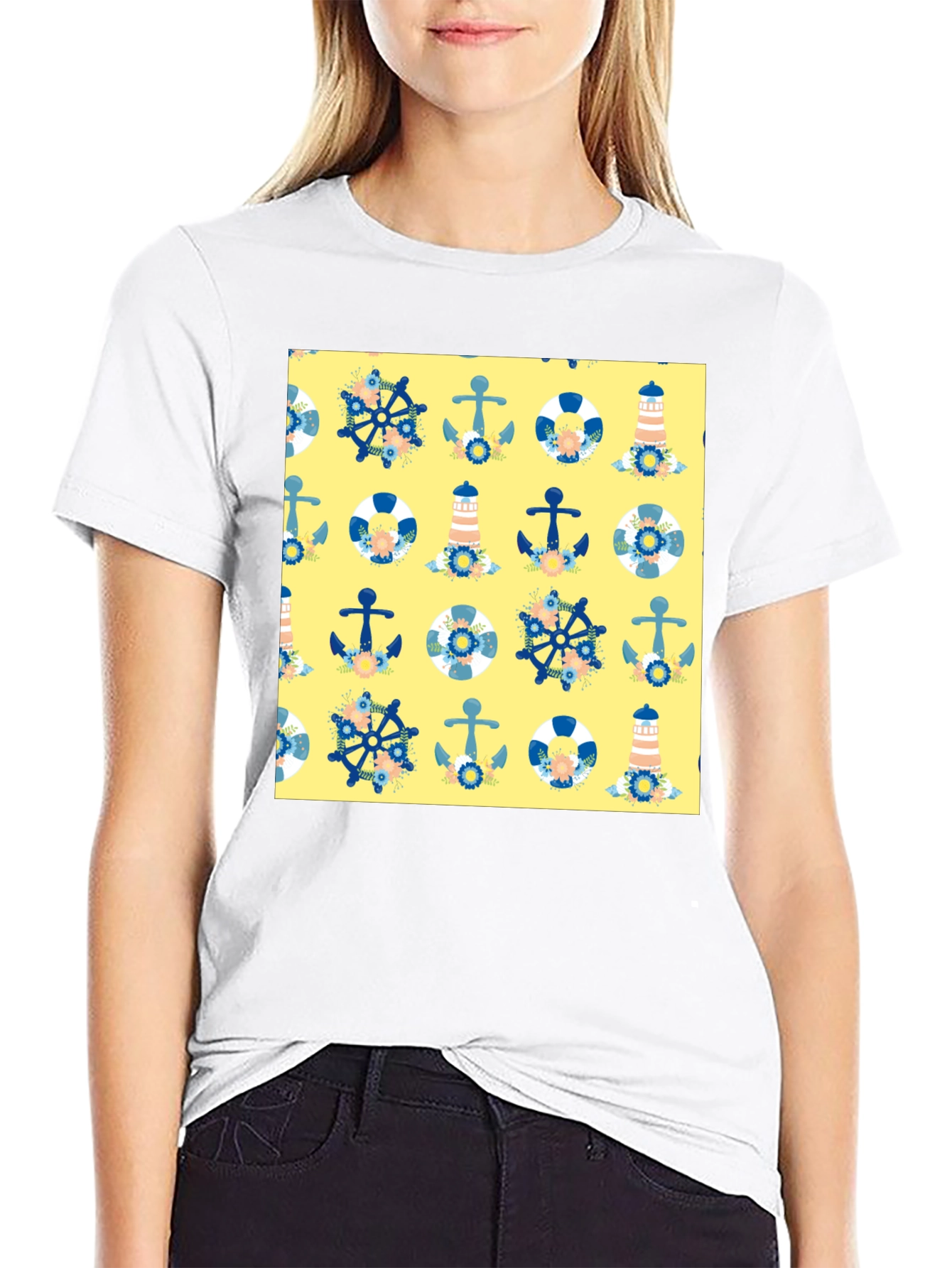 Nautical Pattern T-Shirt - Anchor Wheel Life Preserver