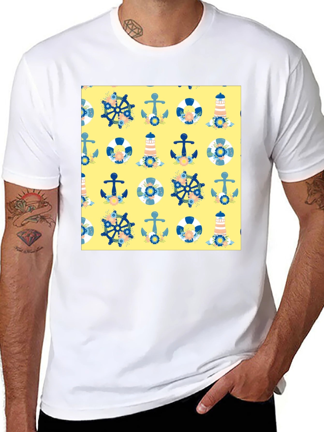 Nautical Pattern T-Shirt - Anchor Wheel Life Preserver