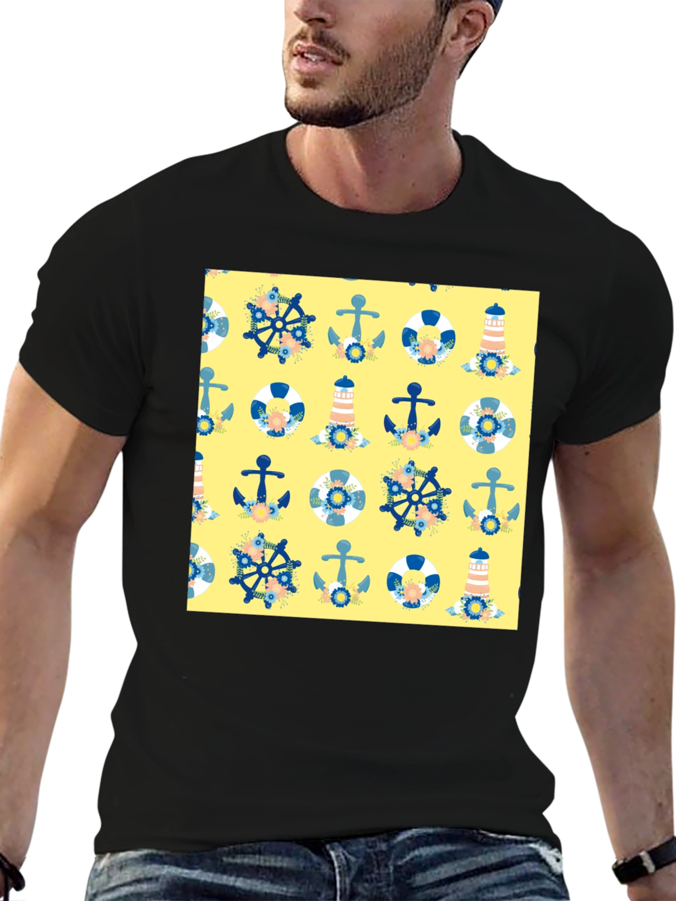 Nautical Pattern T-Shirt - Anchor Wheel Life Preserver