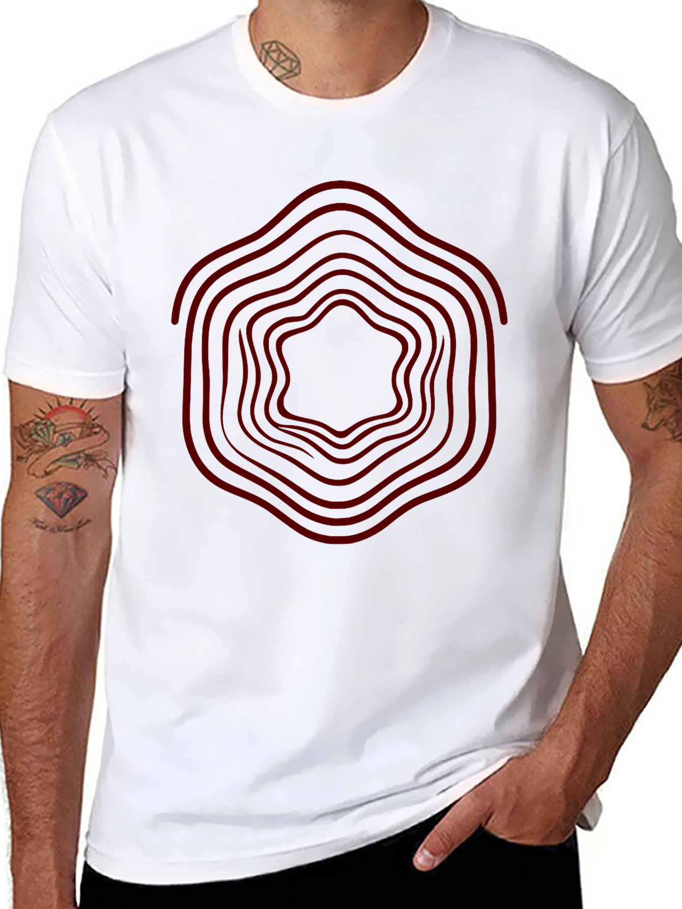 Geometric Red Wave Design Black T-Shirt