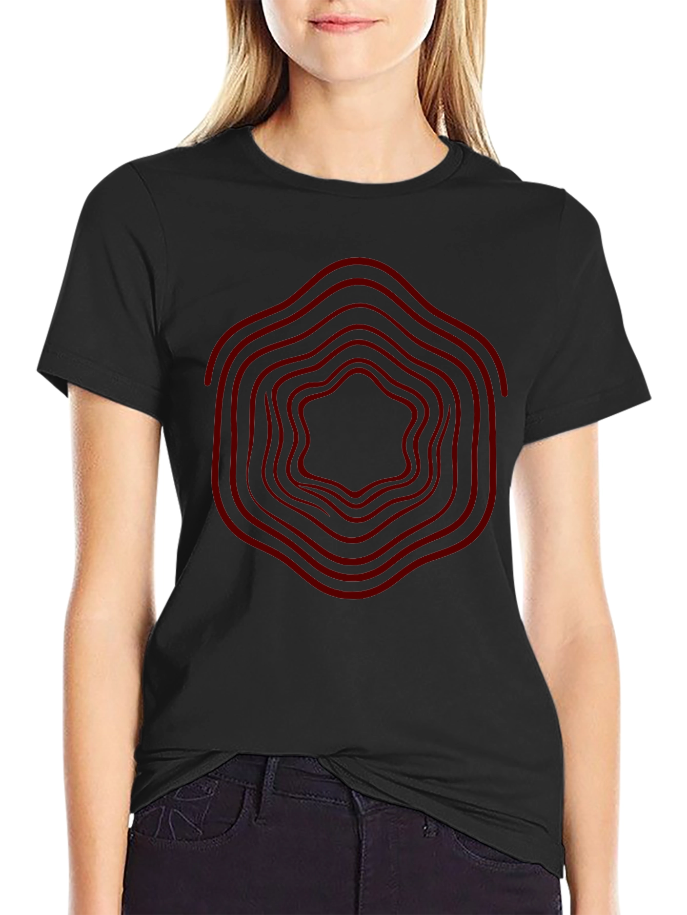 Geometric Red Wave Design Black T-Shirt