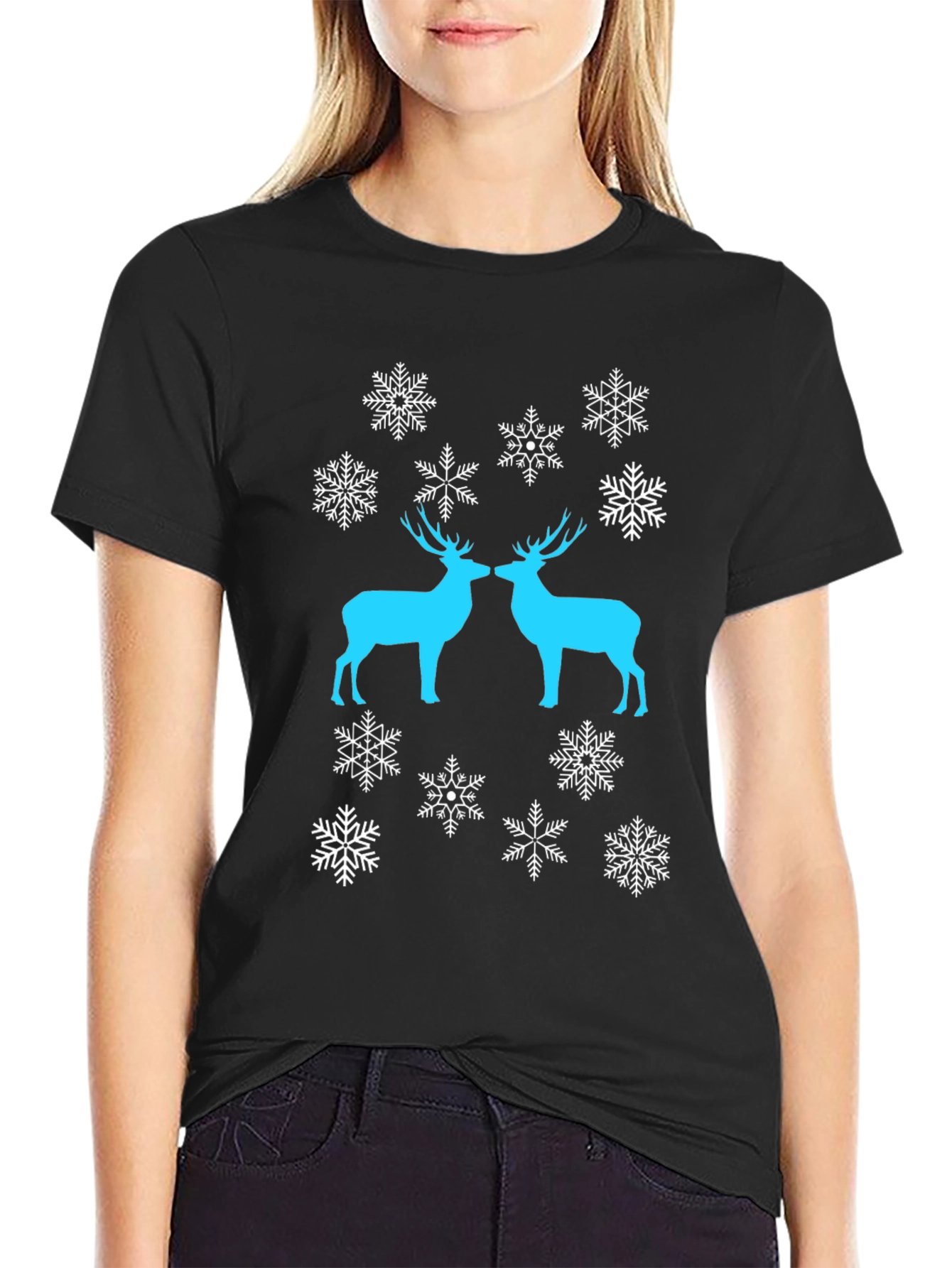 Festive Deer Snowflake Graphic Tee - Black