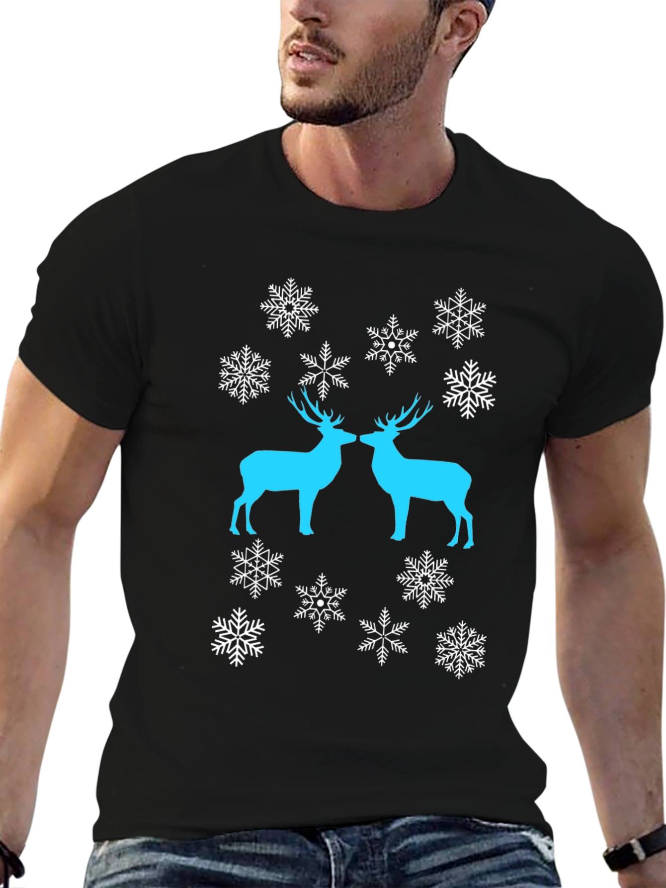 Festive Deer Snowflake Graphic Tee - Black