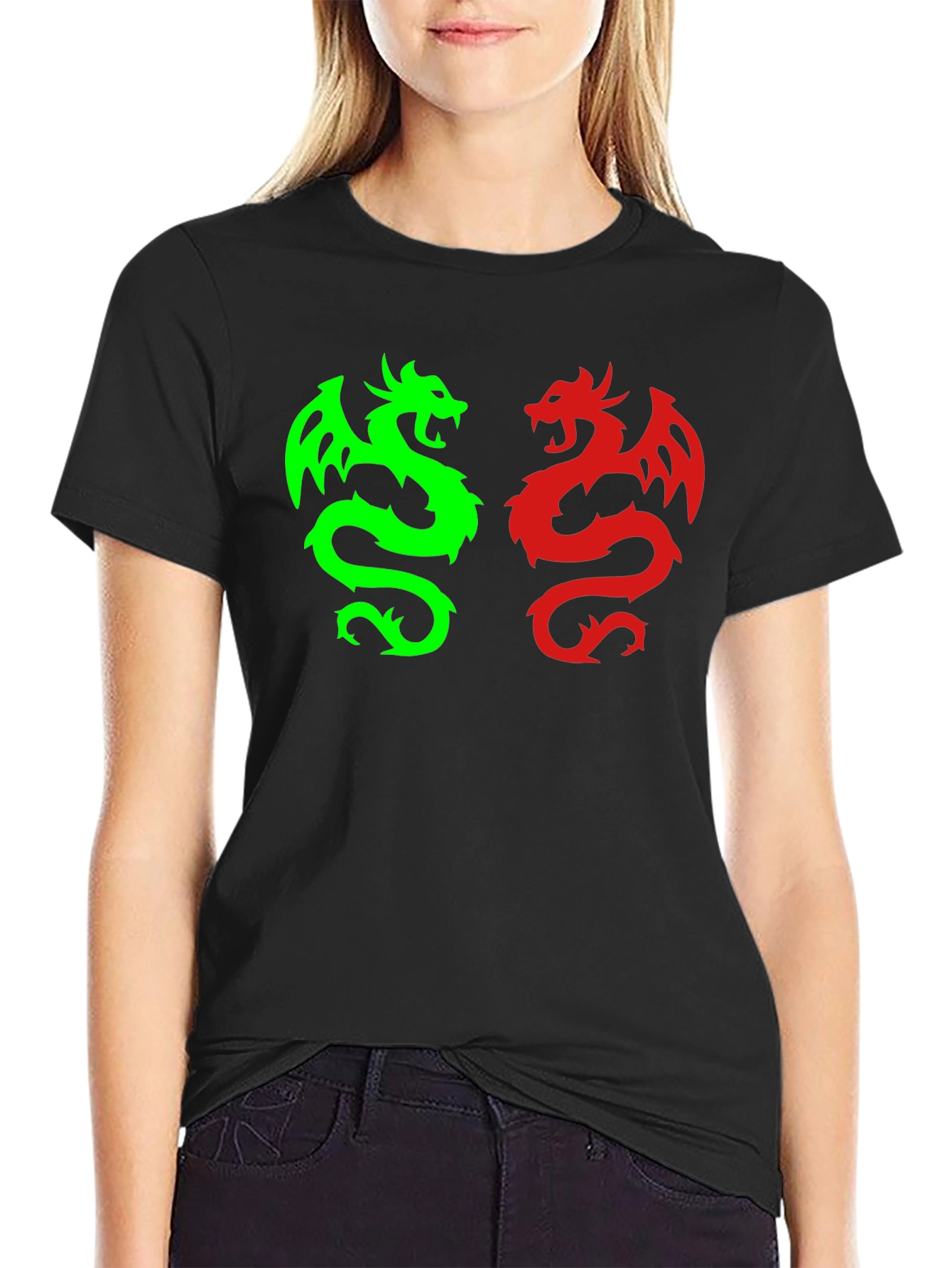 Dragon Duo Graphic Tee - Black Cotton Blend