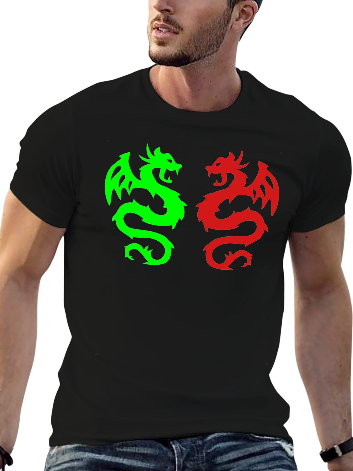 Dragon Duo Graphic Tee - Black Cotton Blend