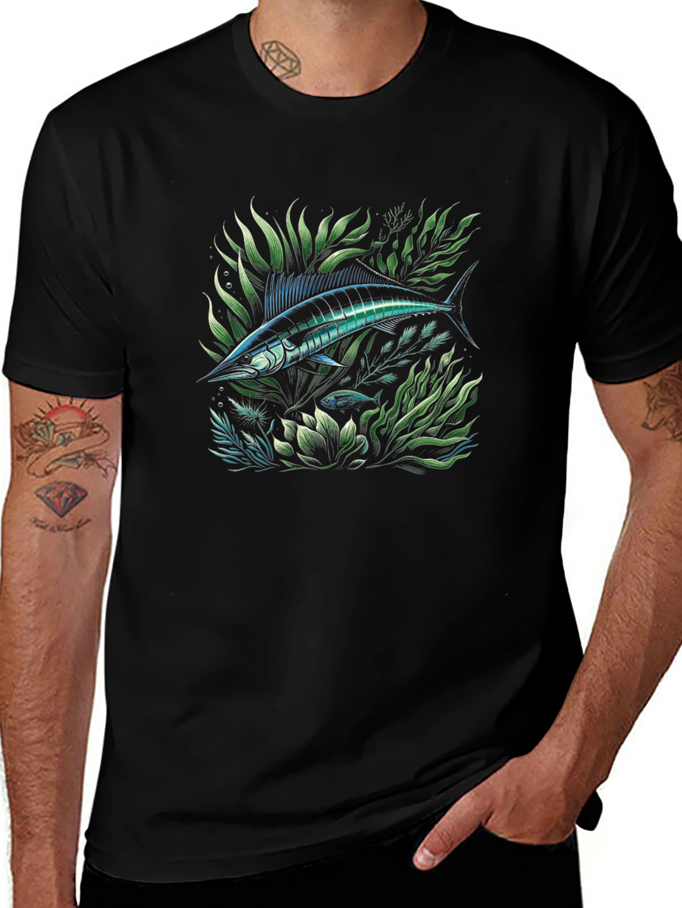 Marlin Fish Graphic Tee - Black Cotton T-Shirt