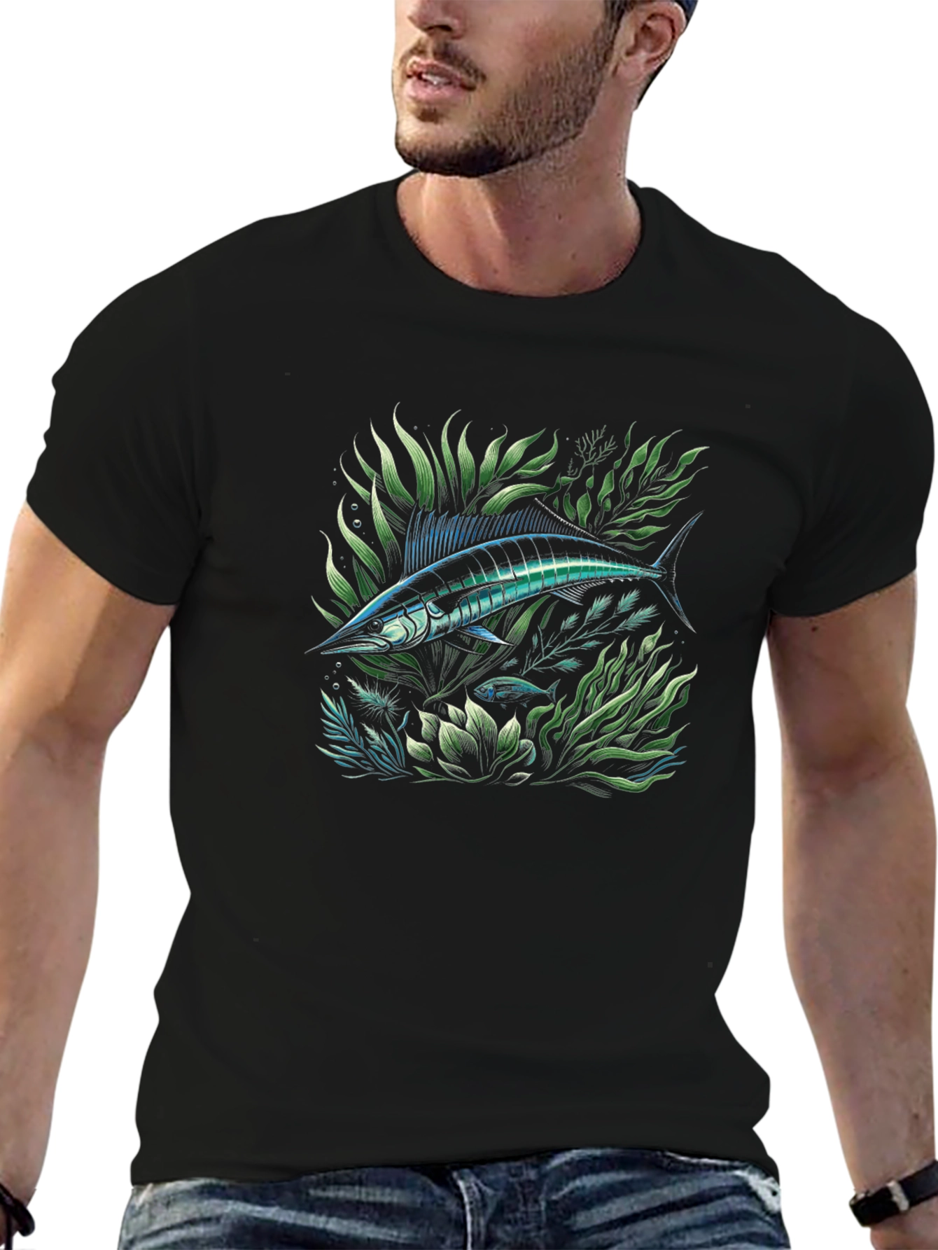 Marlin Fish Graphic Tee - Black Cotton T-Shirt