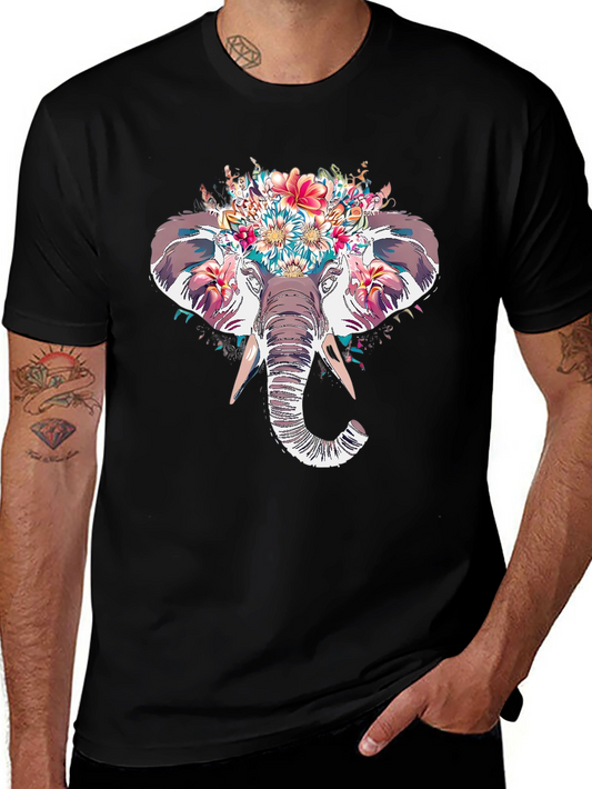 Floral Elephant Graphic Tee - Stylish Mens Black T-Shirt