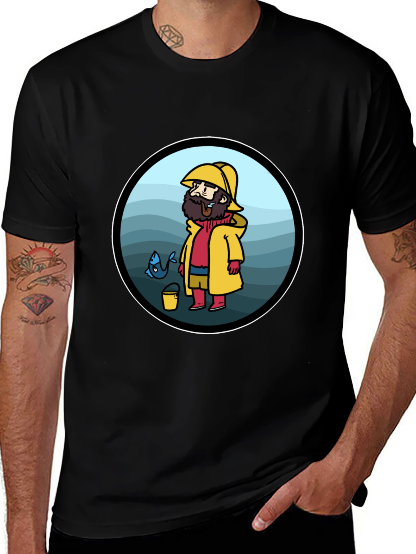 Cartoon Fisherman Black T-Shirt