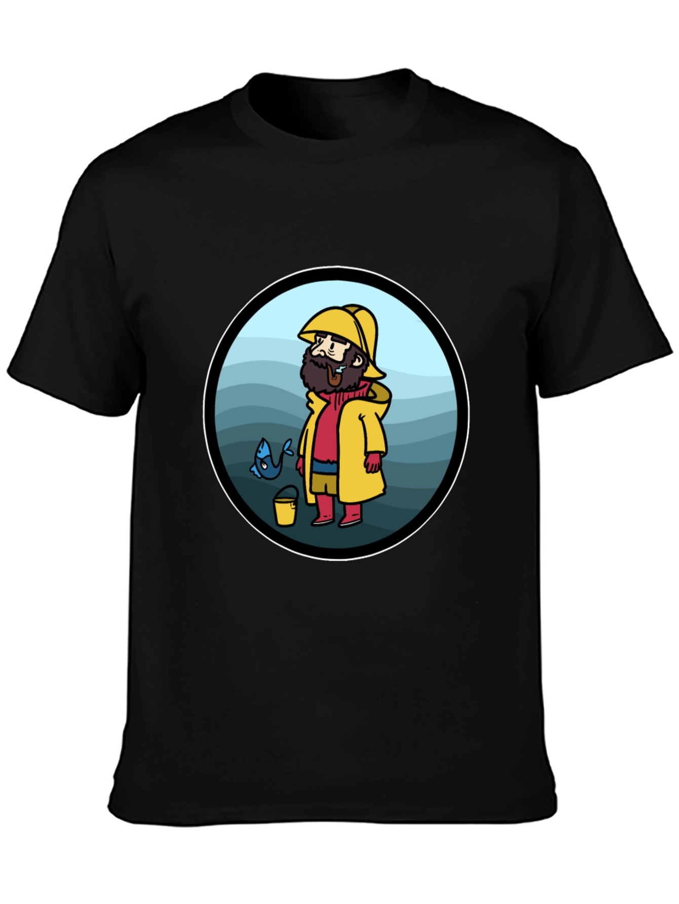 Cartoon Fisherman Black T-Shirt