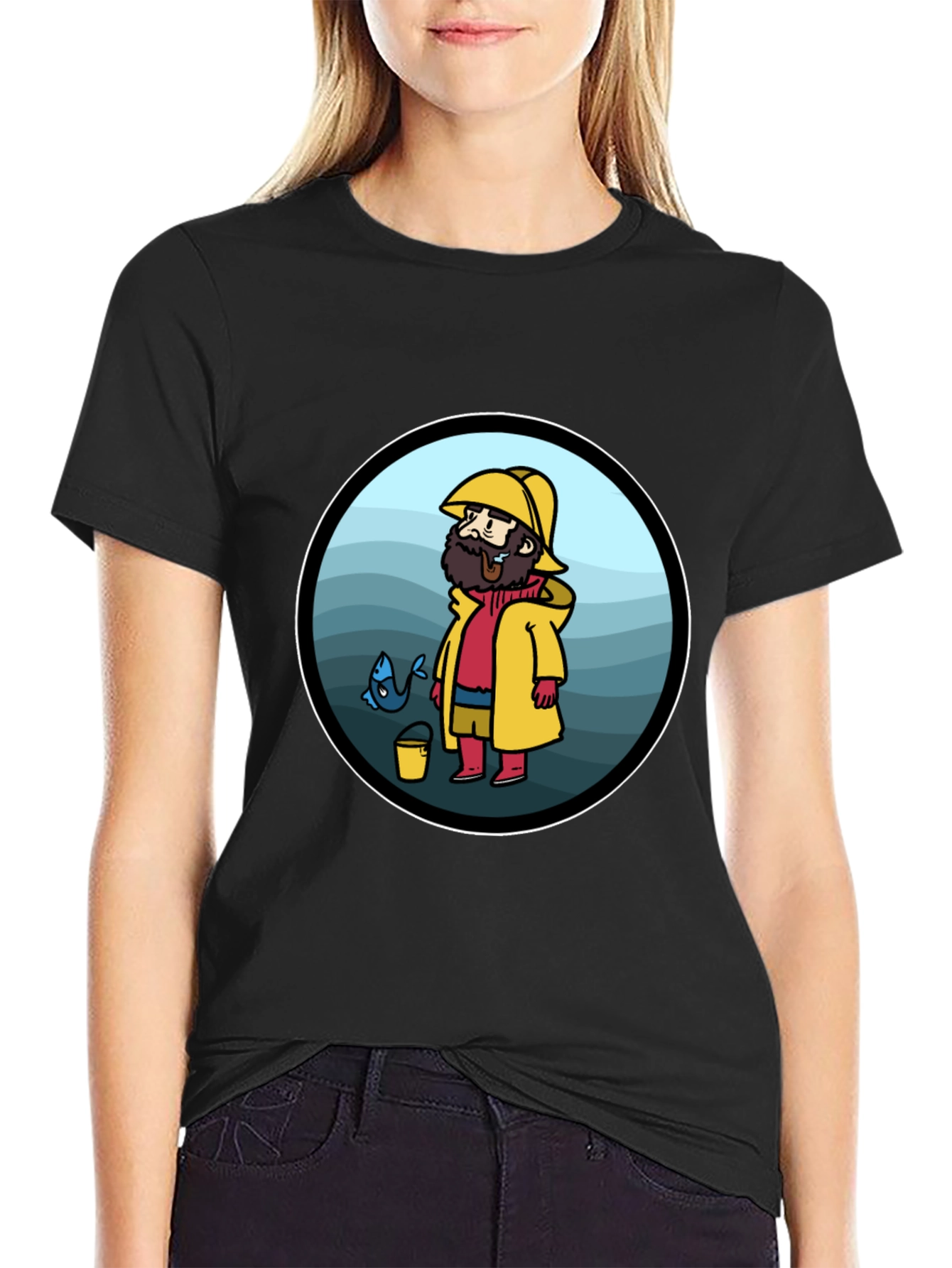 Cartoon Fisherman Black T-Shirt