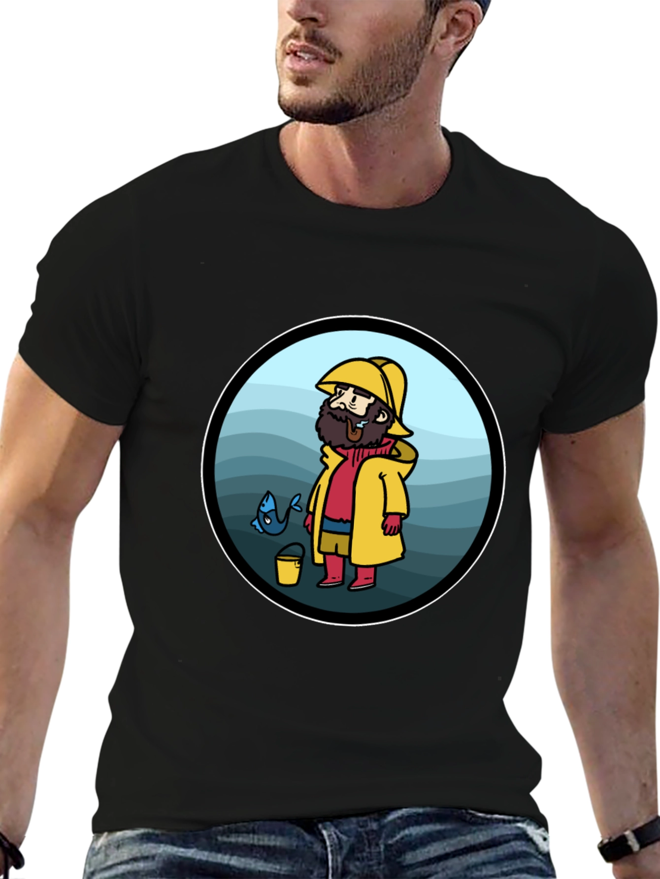 Cartoon Fisherman Black T-Shirt