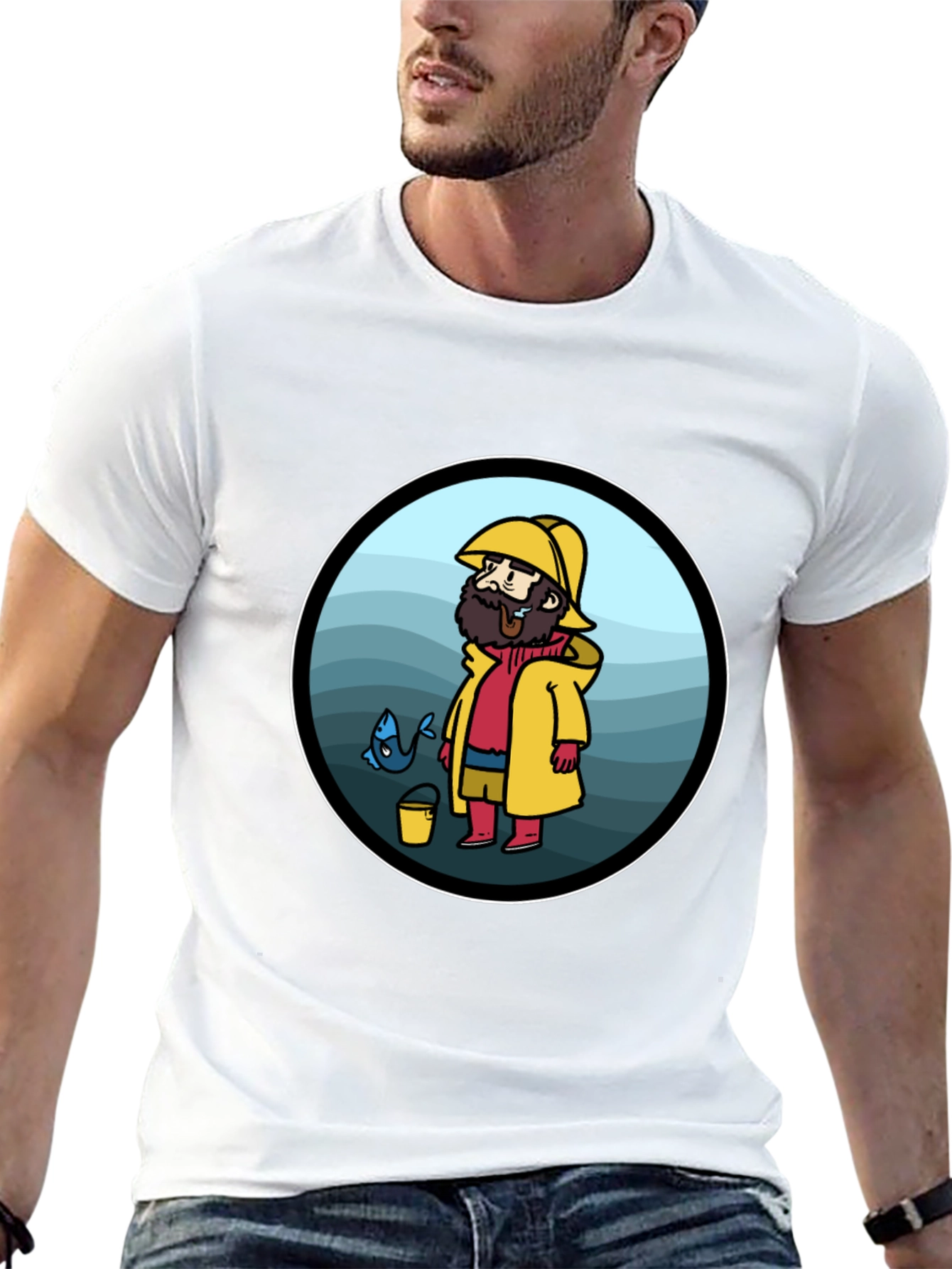 Cartoon Fisherman Black T-Shirt