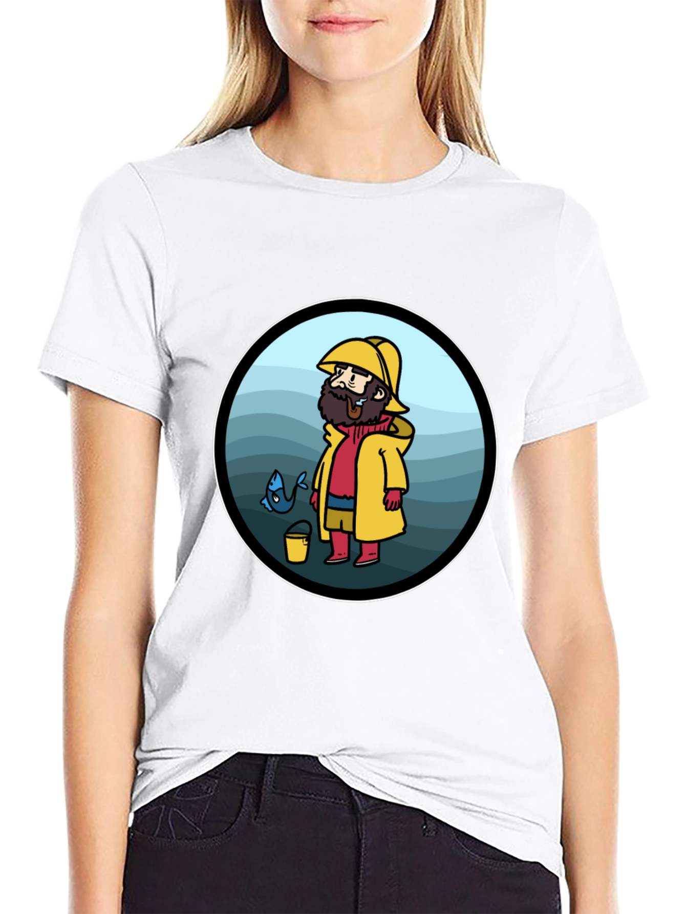 Cartoon Fisherman Black T-Shirt