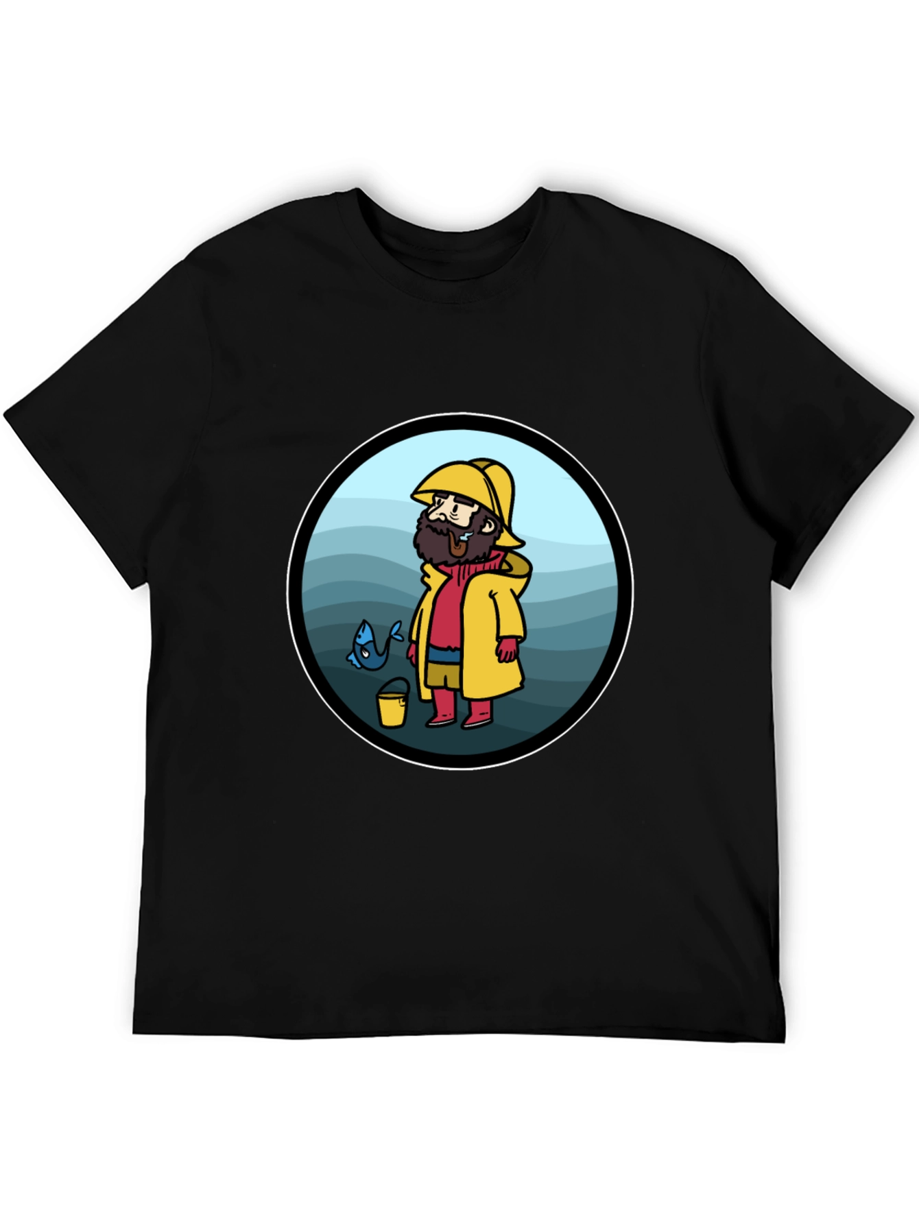 Cartoon Fisherman Black T-Shirt
