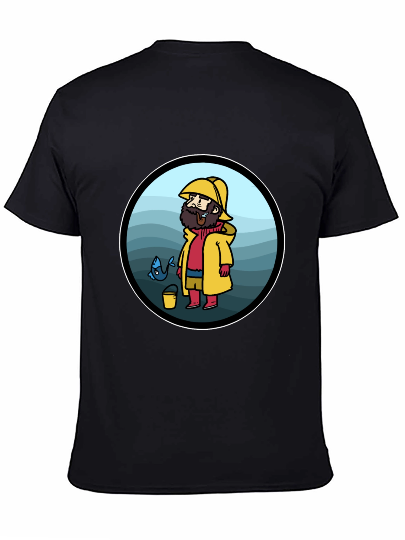 Cartoon Fisherman Black T-Shirt