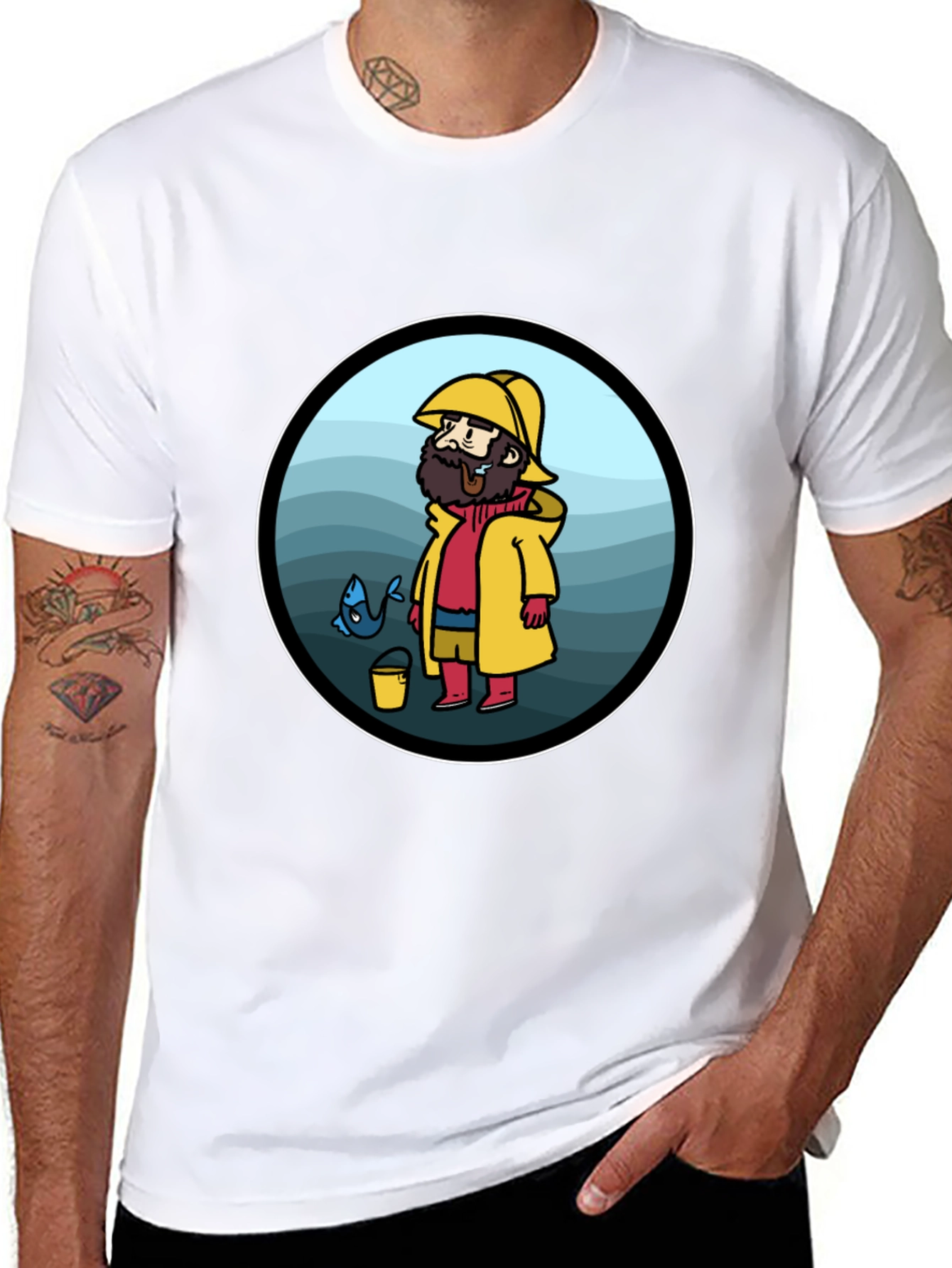 Cartoon Fisherman Black T-Shirt