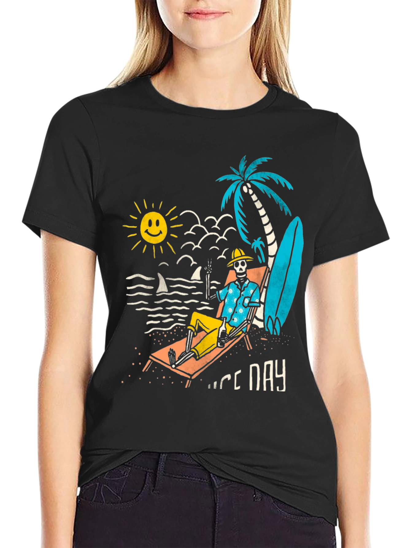 Nice Day Skeleton Beach T-Shirt - Black