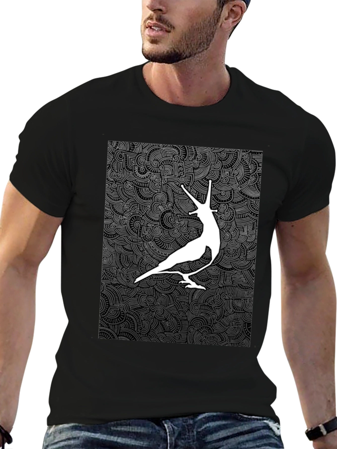 Unique Graphic Tee - White Bird on Dark Pattern