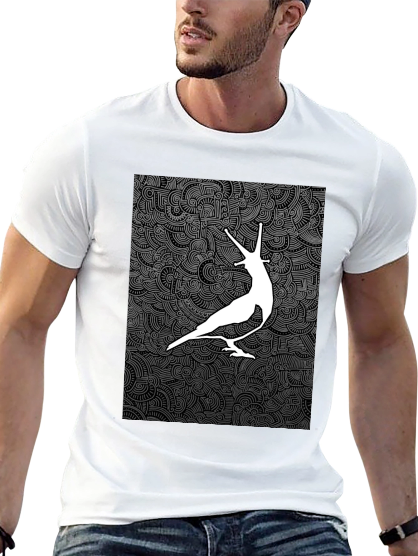 Unique Graphic Tee - White Bird on Dark Pattern