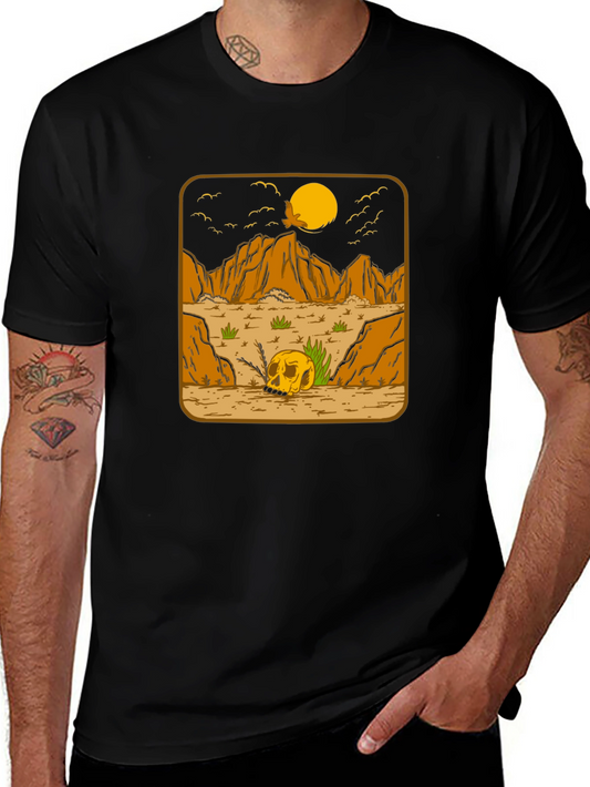 Skull Desert Graphic Tee - Mens Black Cotton T-Shirt