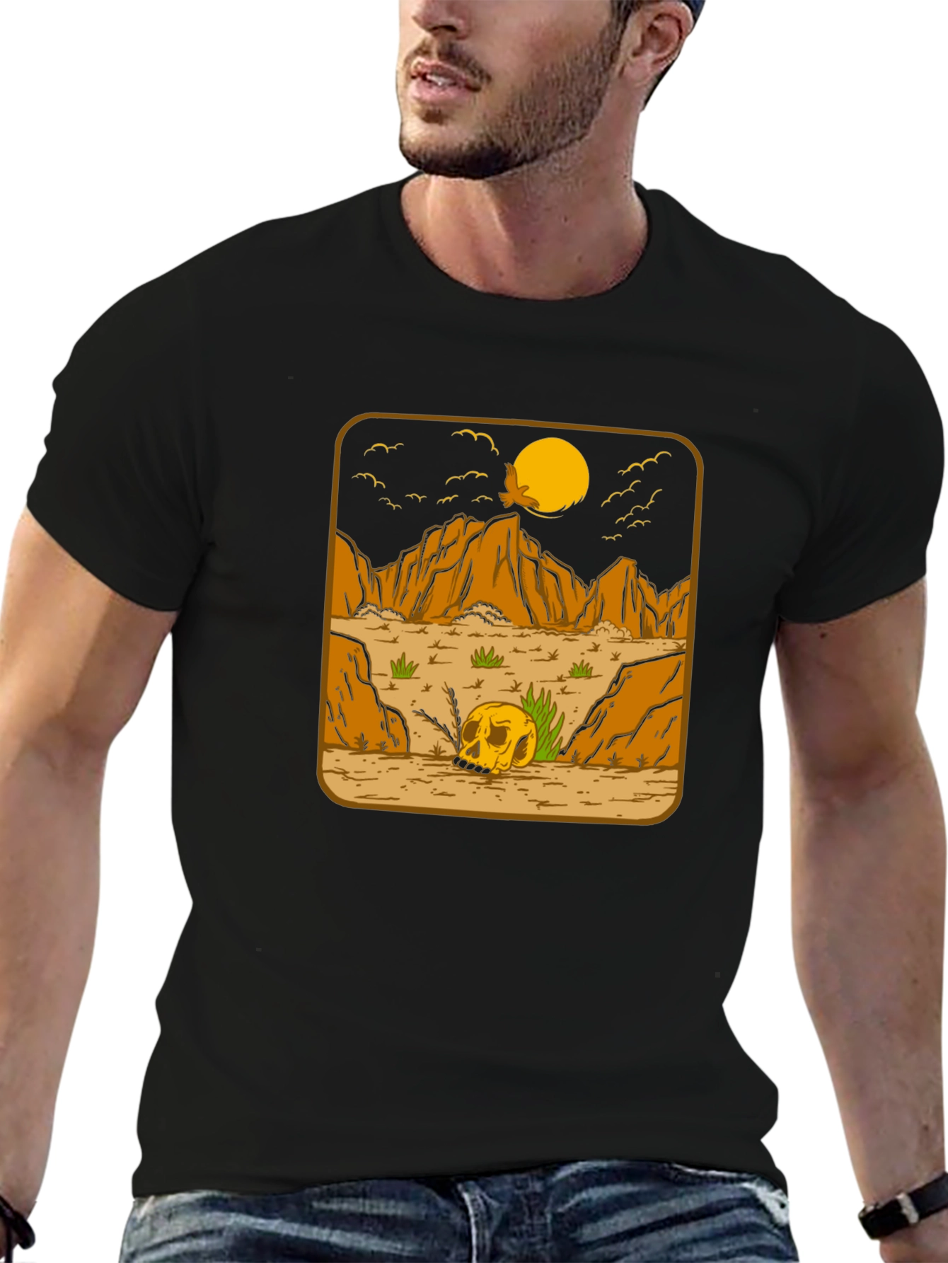 Skull Desert Graphic Tee - Mens Black Cotton T-Shirt