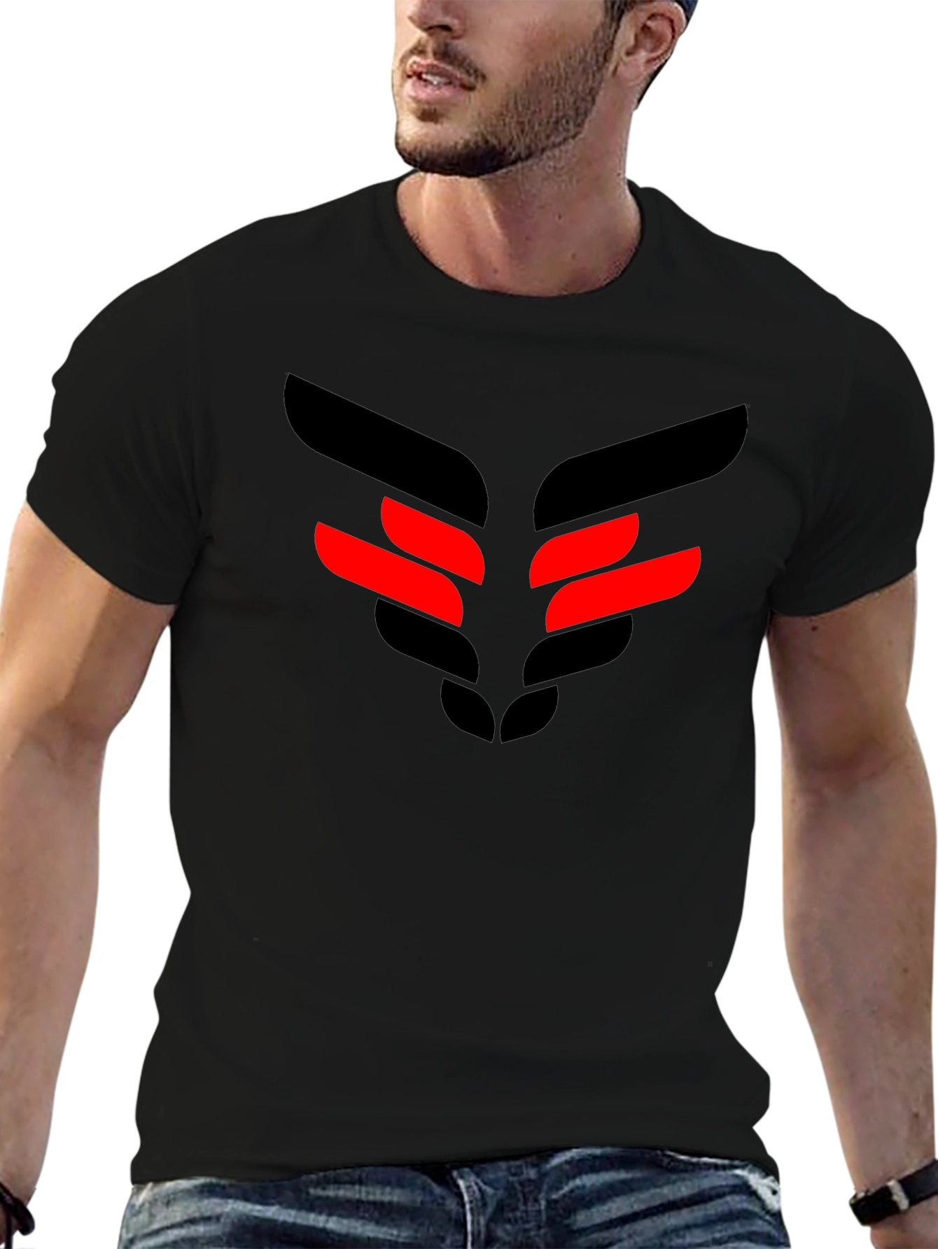 Black T-Shirt with Red & Black Geometric Design