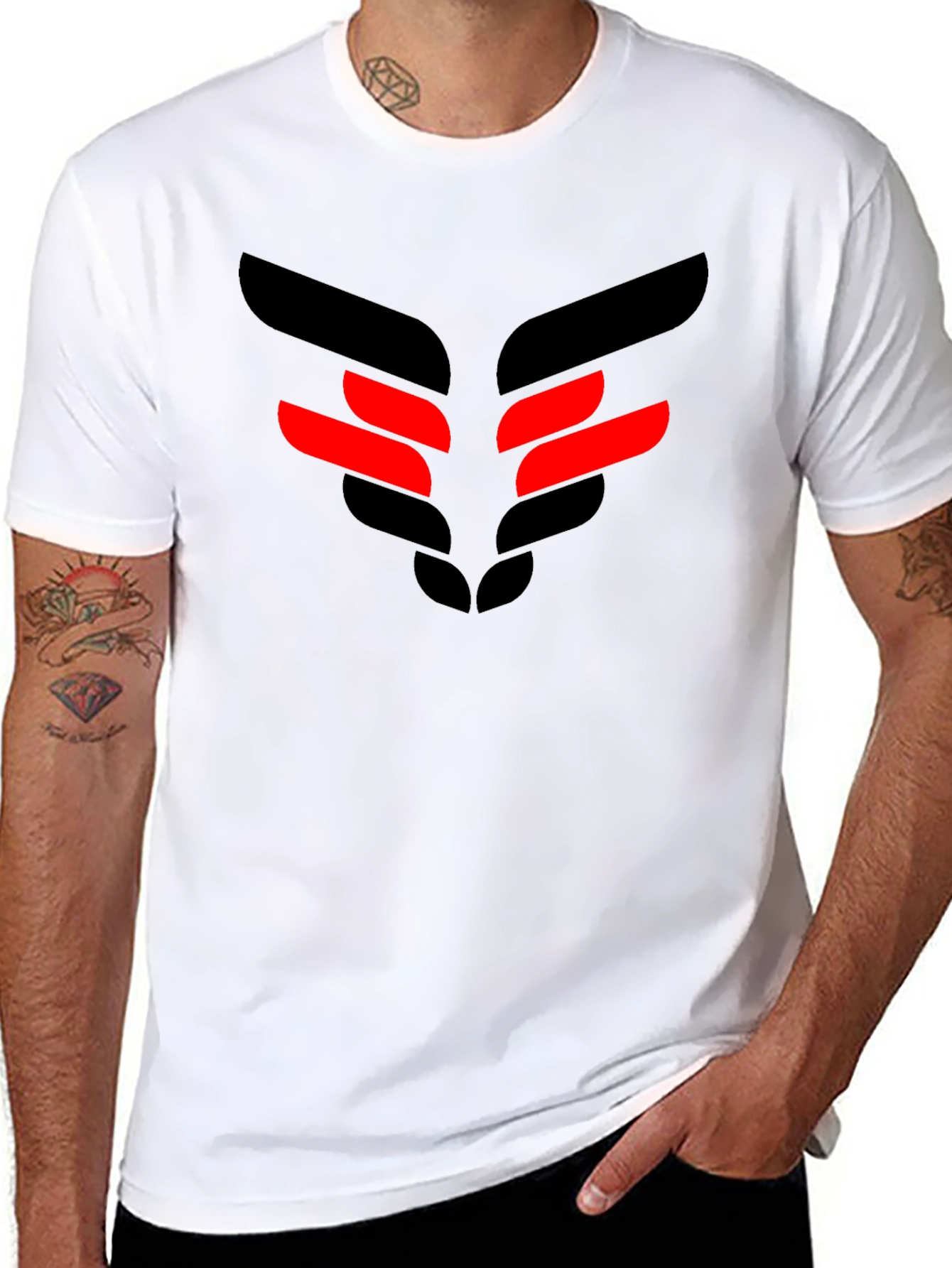 Black T-Shirt with Red & Black Geometric Design