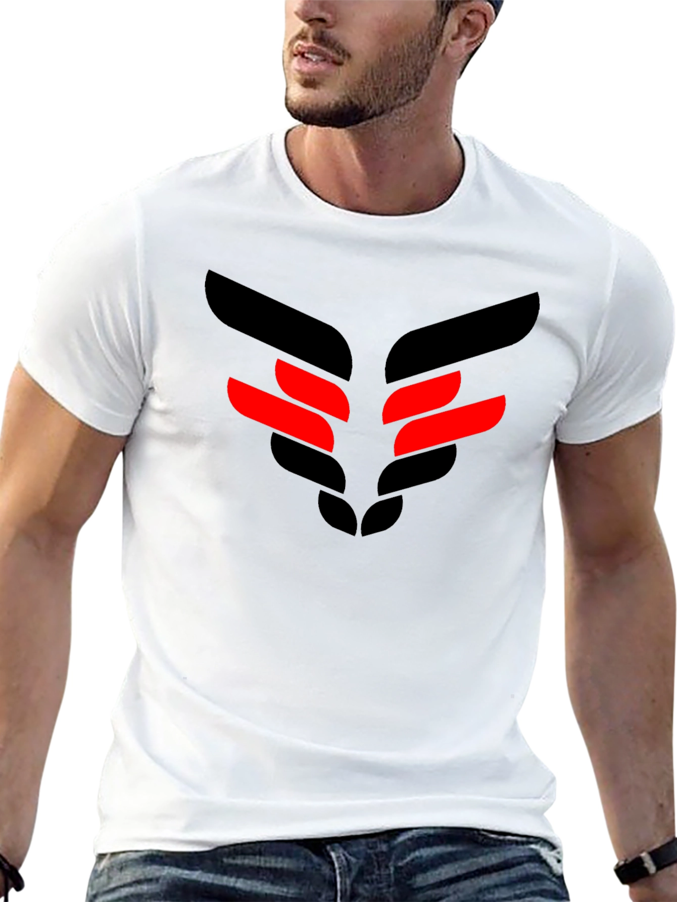Black T-Shirt with Red & Black Geometric Design