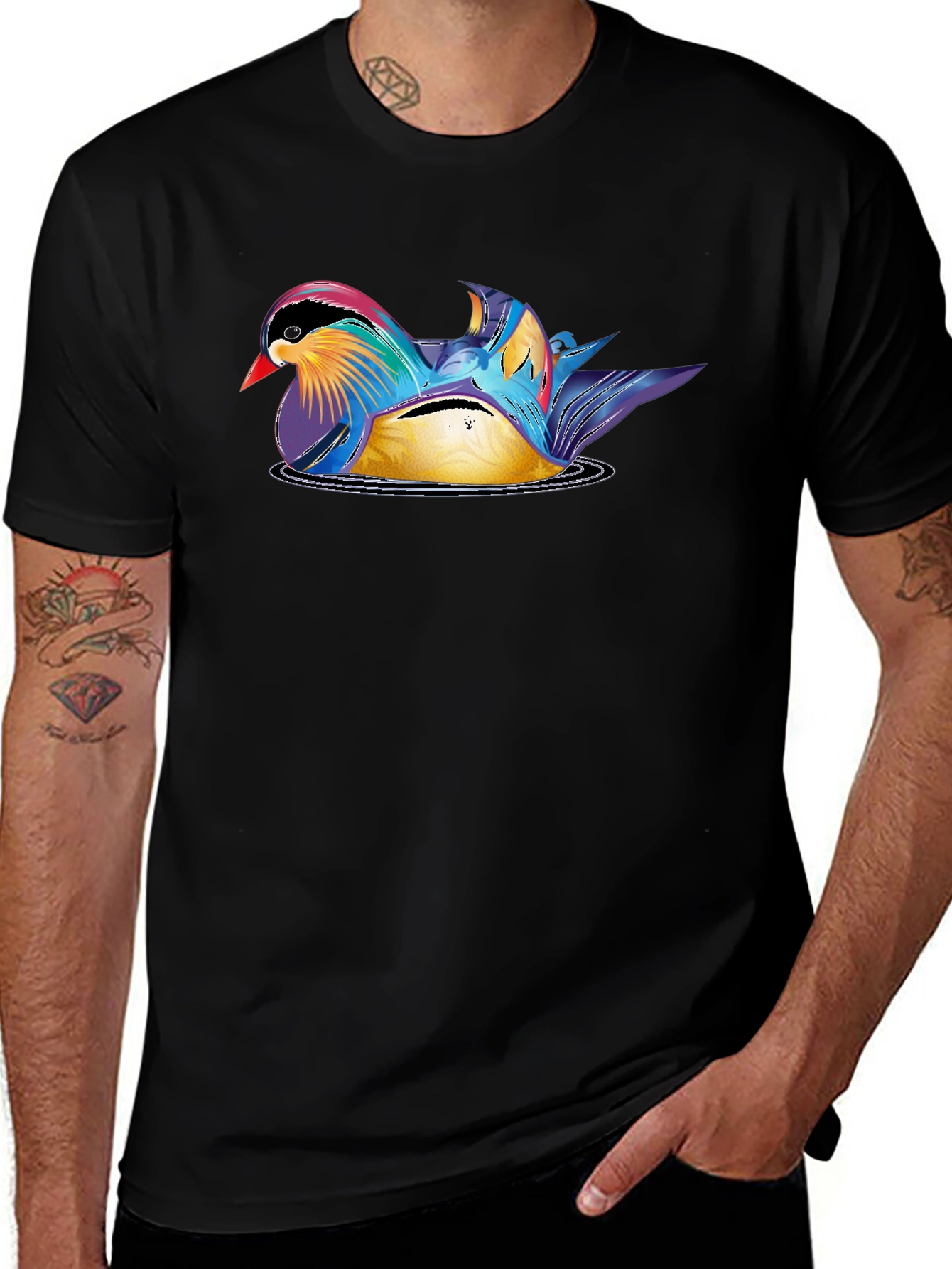 Mandarin Duck Graphic Tee - Stylish Mens Black T-Shirt