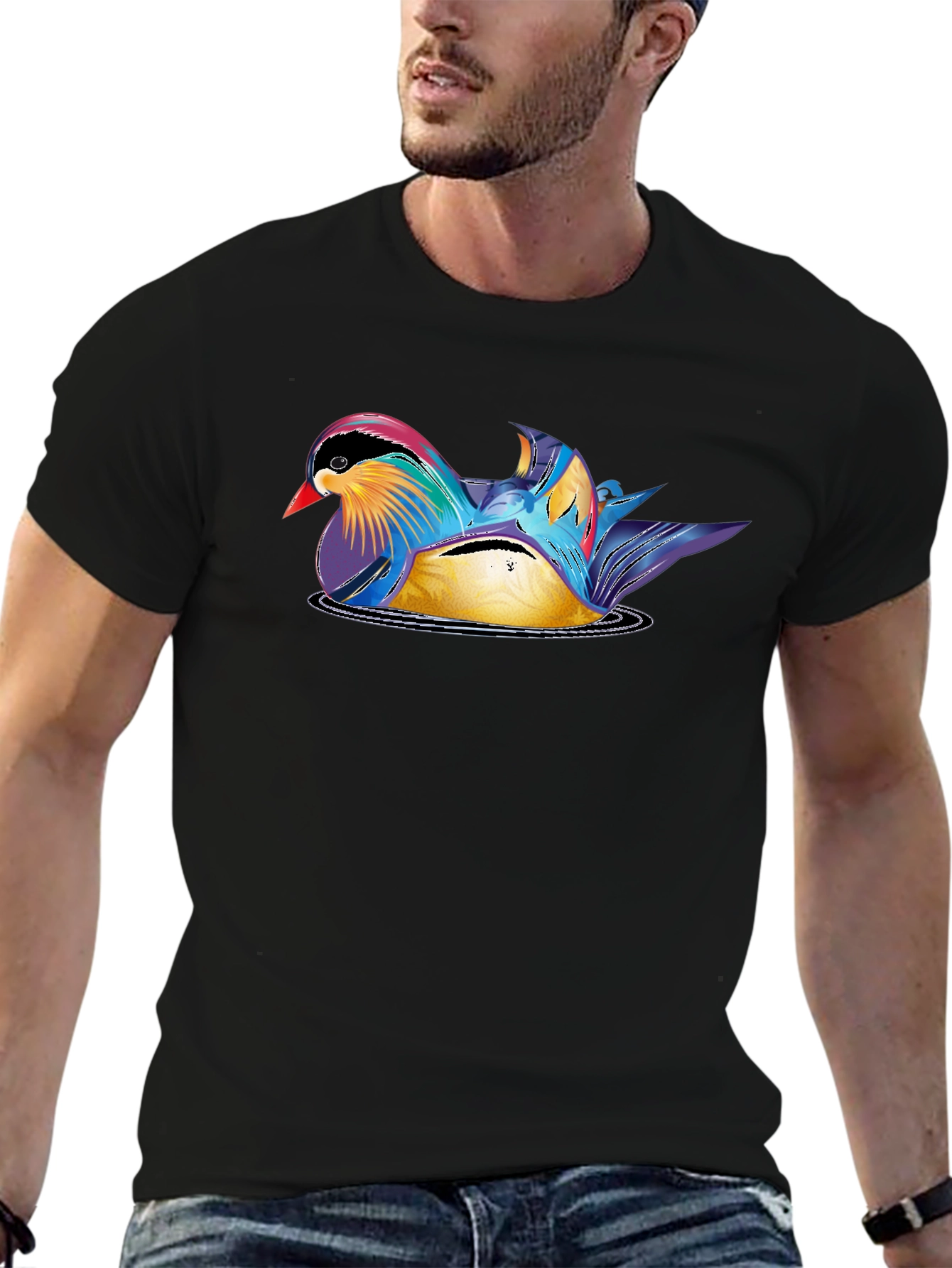 Mandarin Duck Graphic Tee - Stylish Mens Black T-Shirt