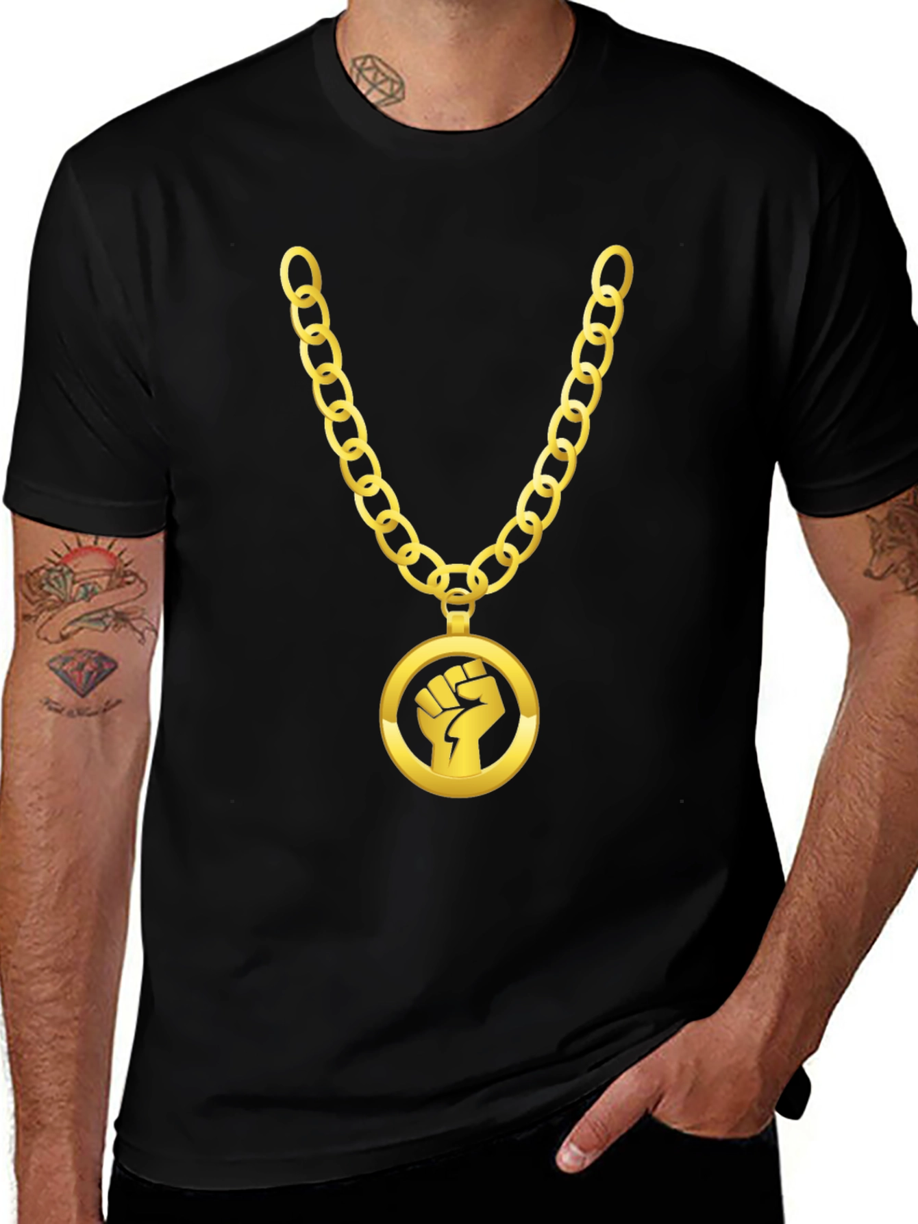 Gold Chain Fist Graphic Black T-Shirt