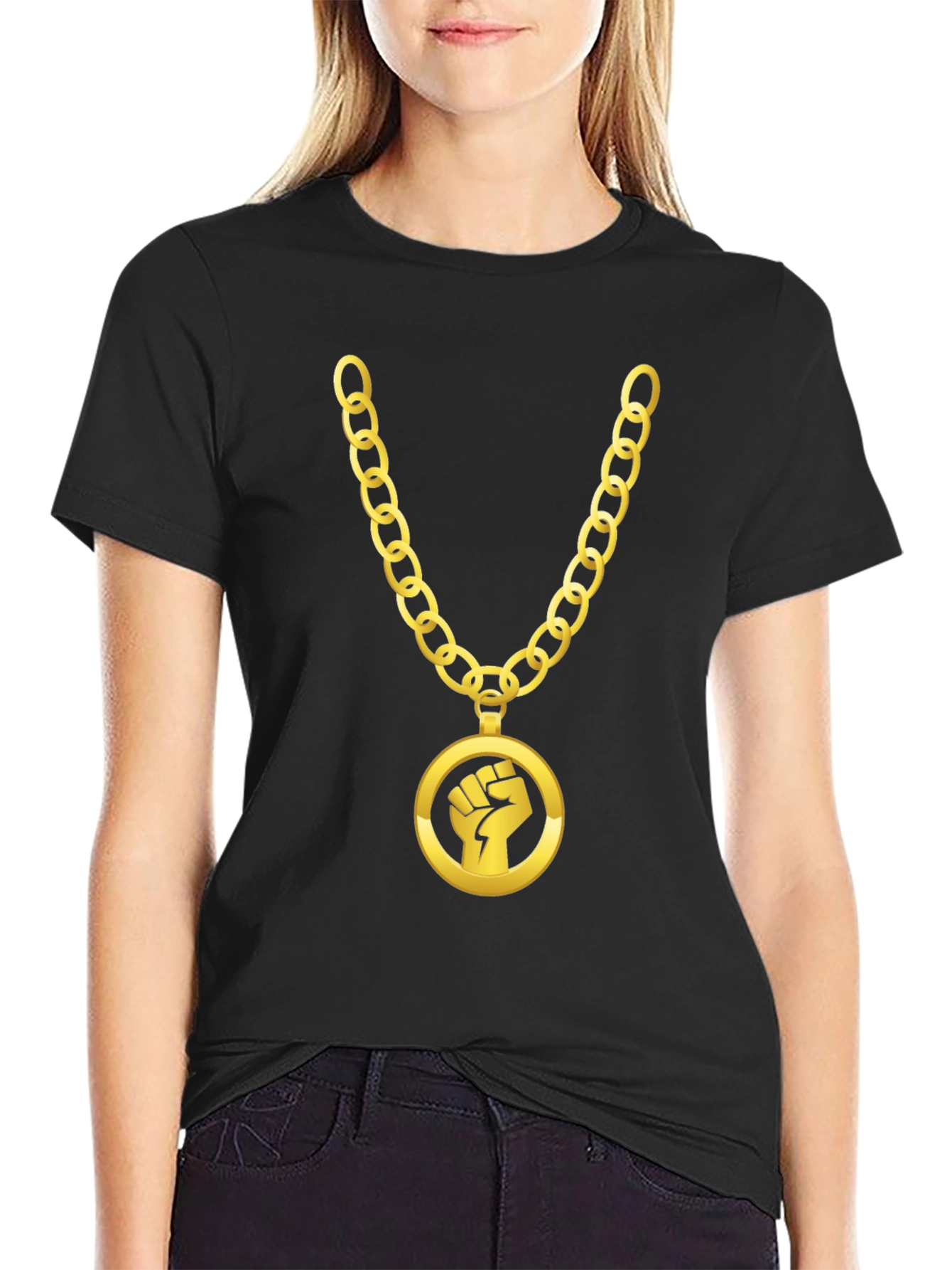 Gold Chain Fist Graphic Black T-Shirt
