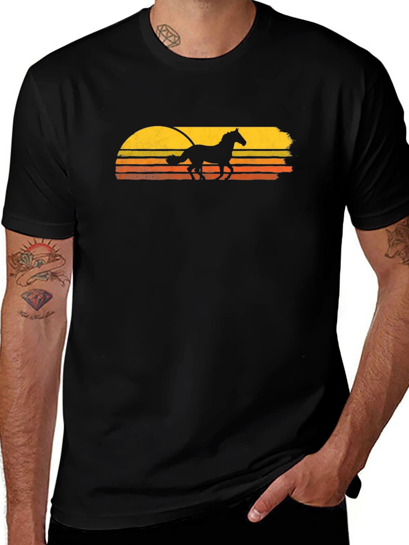 Horse Sunset T-Shirt - Retro Style Black Tee