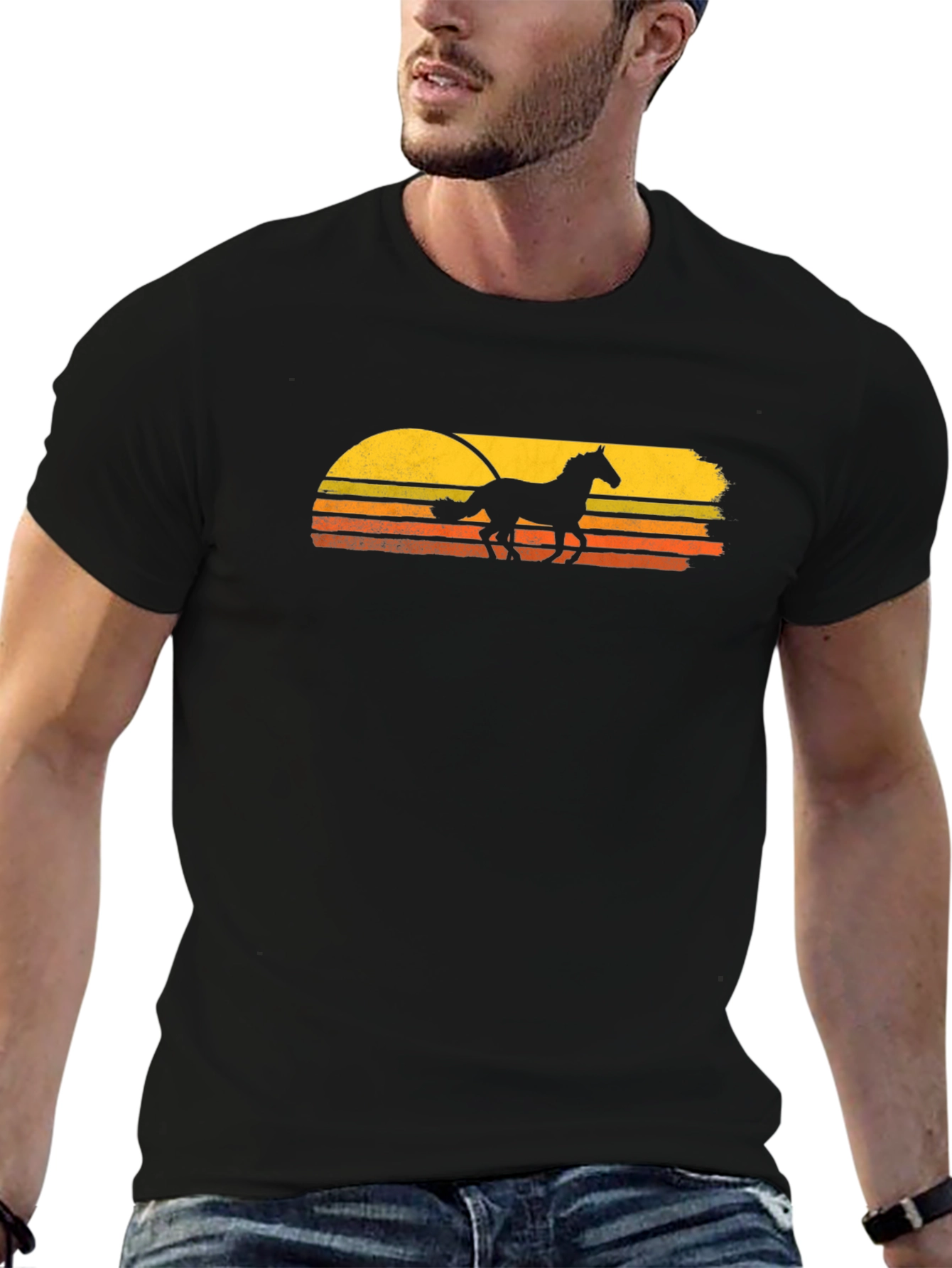 Horse Sunset T-Shirt - Retro Style Black Tee