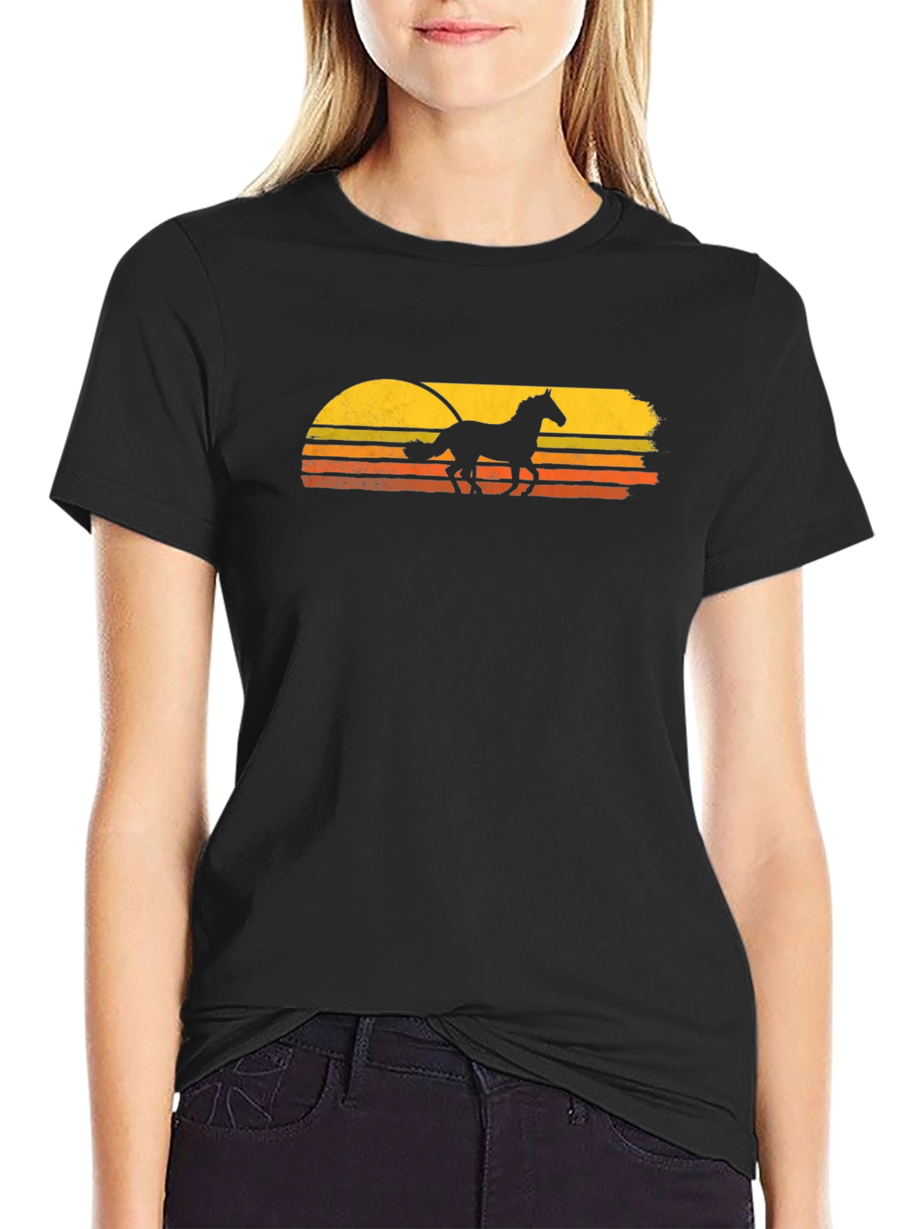 Horse Sunset T-Shirt - Retro Style Black Tee