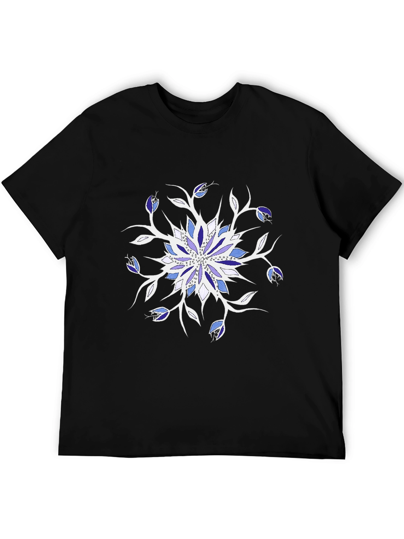 Blue Floral Mandala Black T-Shirt