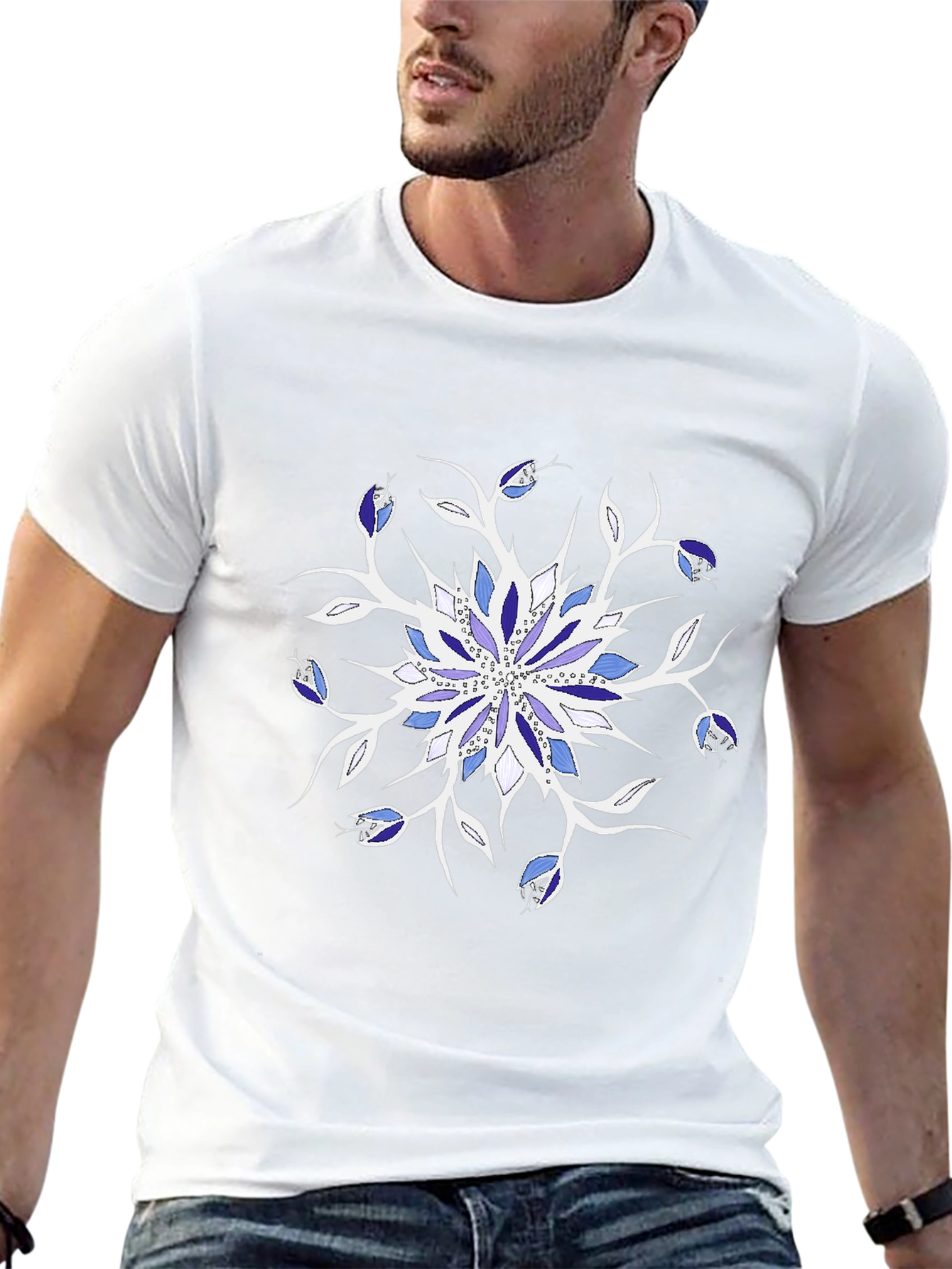 Blue Floral Mandala Black T-Shirt