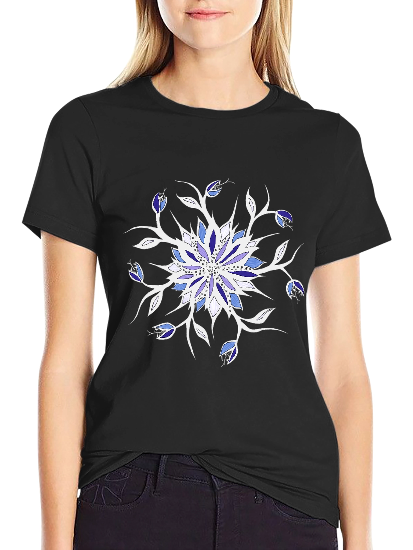Blue Floral Mandala Black T-Shirt