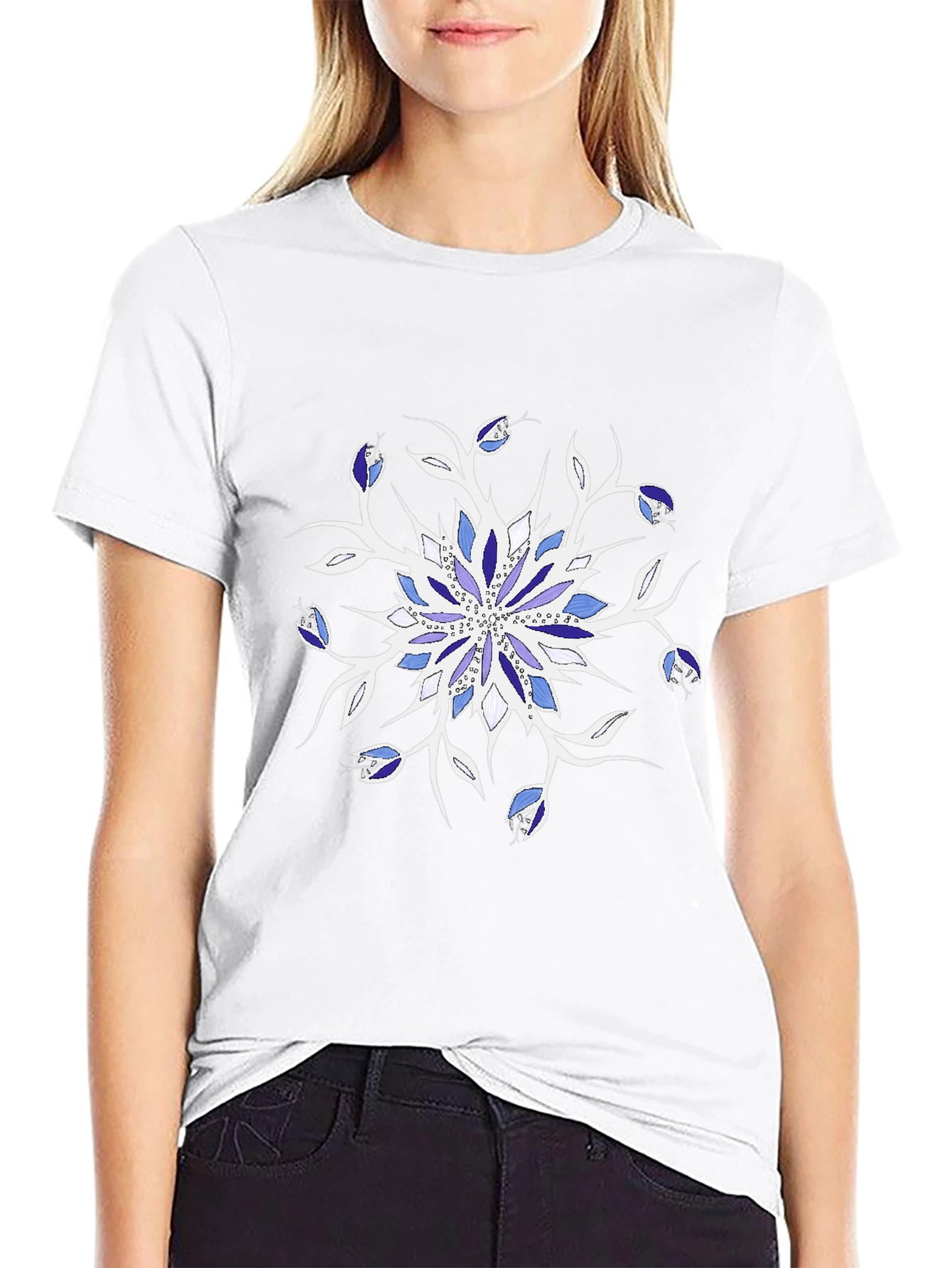 Blue Floral Mandala Black T-Shirt