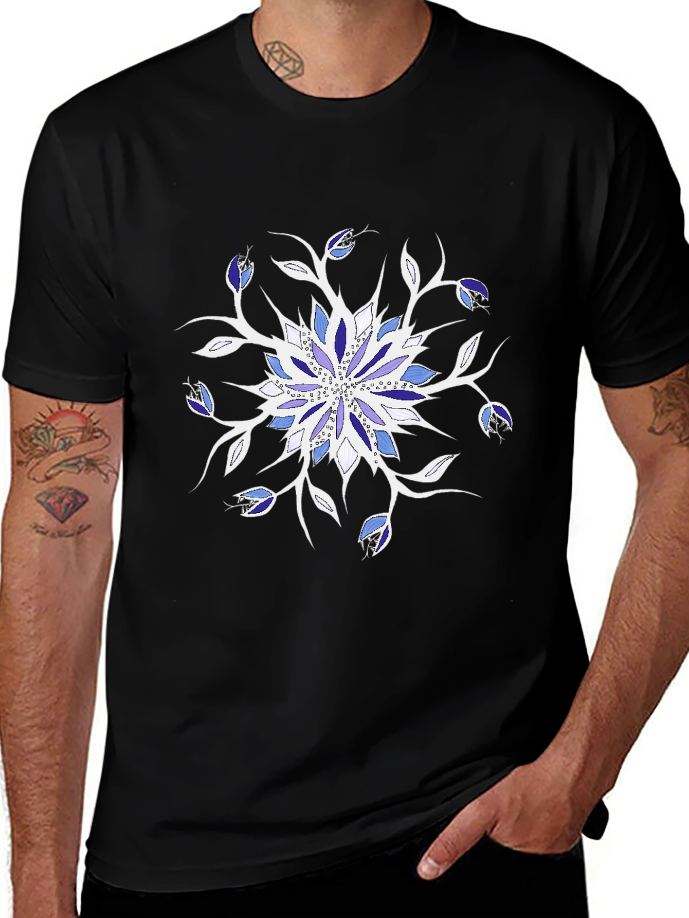 Blue Floral Mandala Black T-Shirt