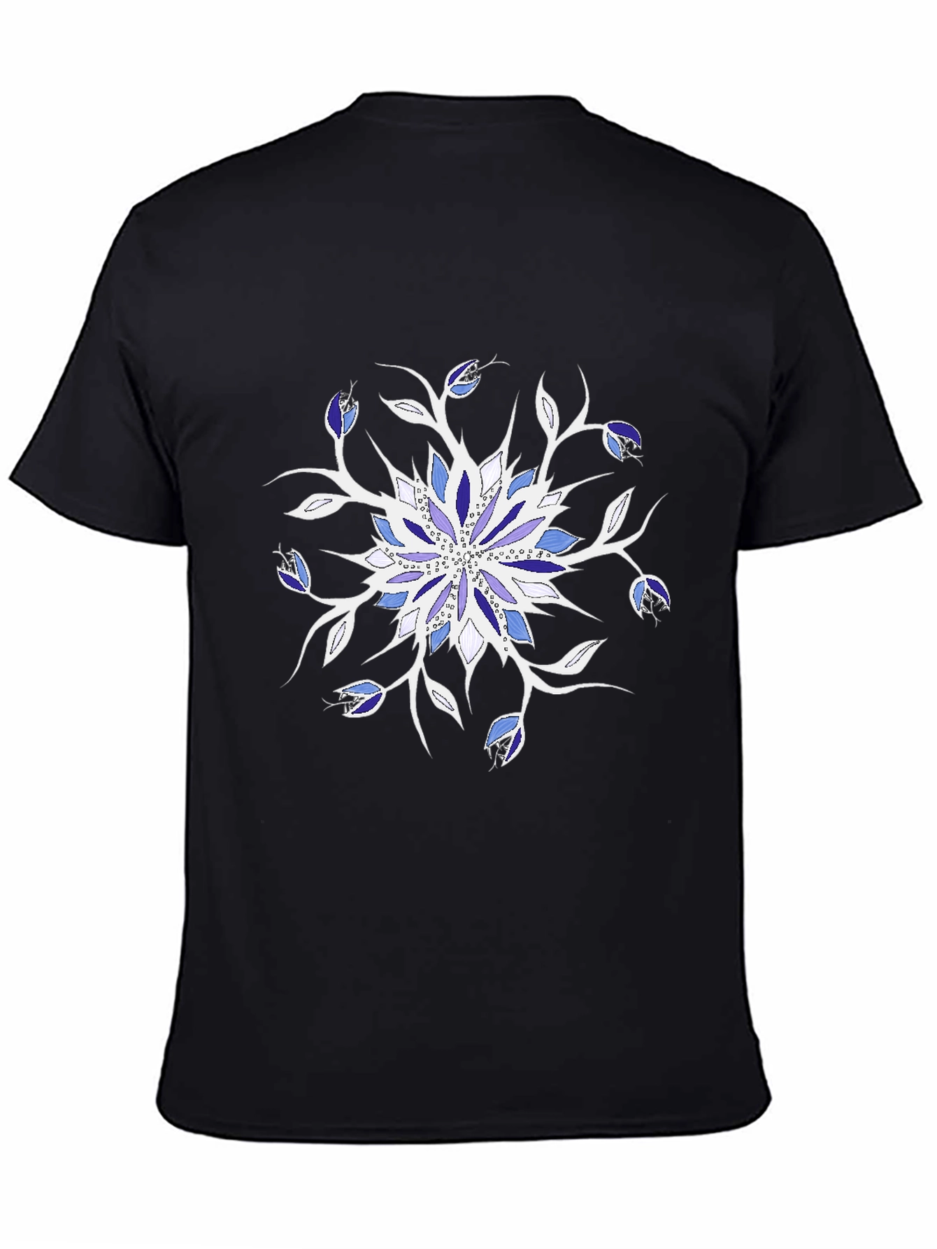 Blue Floral Mandala Black T-Shirt