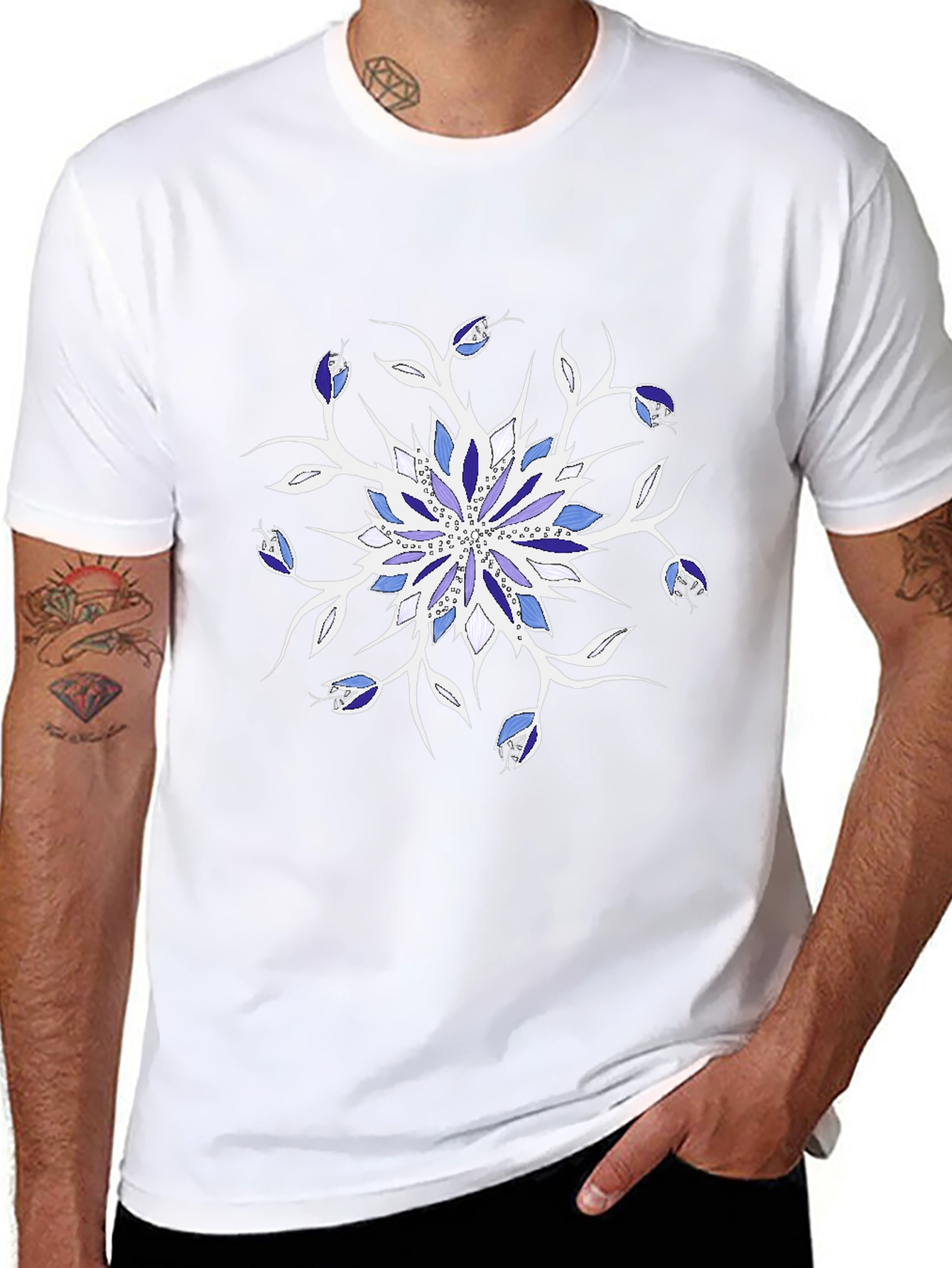 Blue Floral Mandala Black T-Shirt