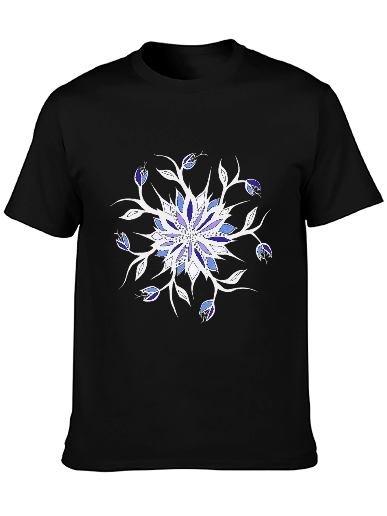 Blue Floral Mandala Black T-Shirt