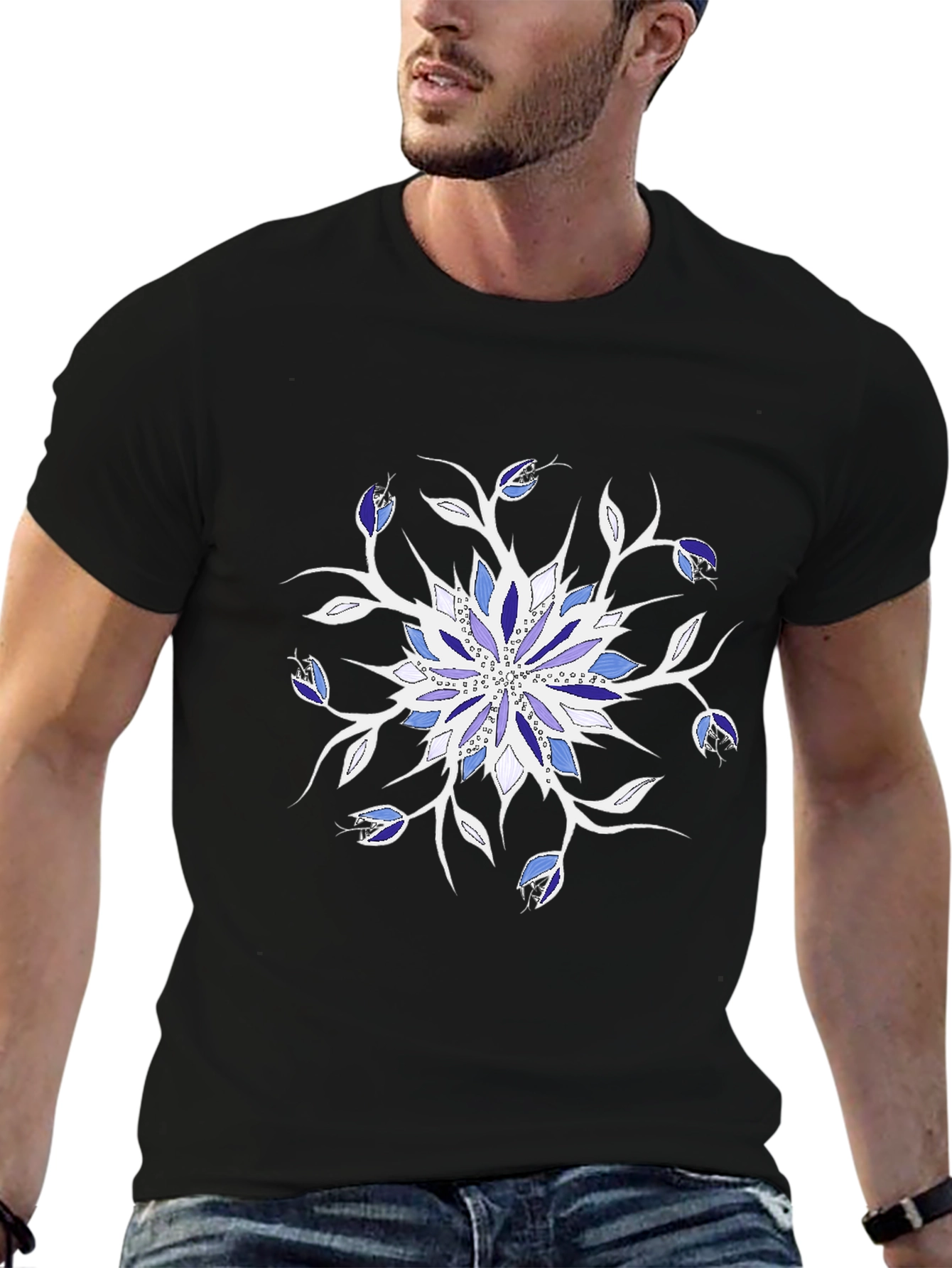 Blue Floral Mandala Black T-Shirt