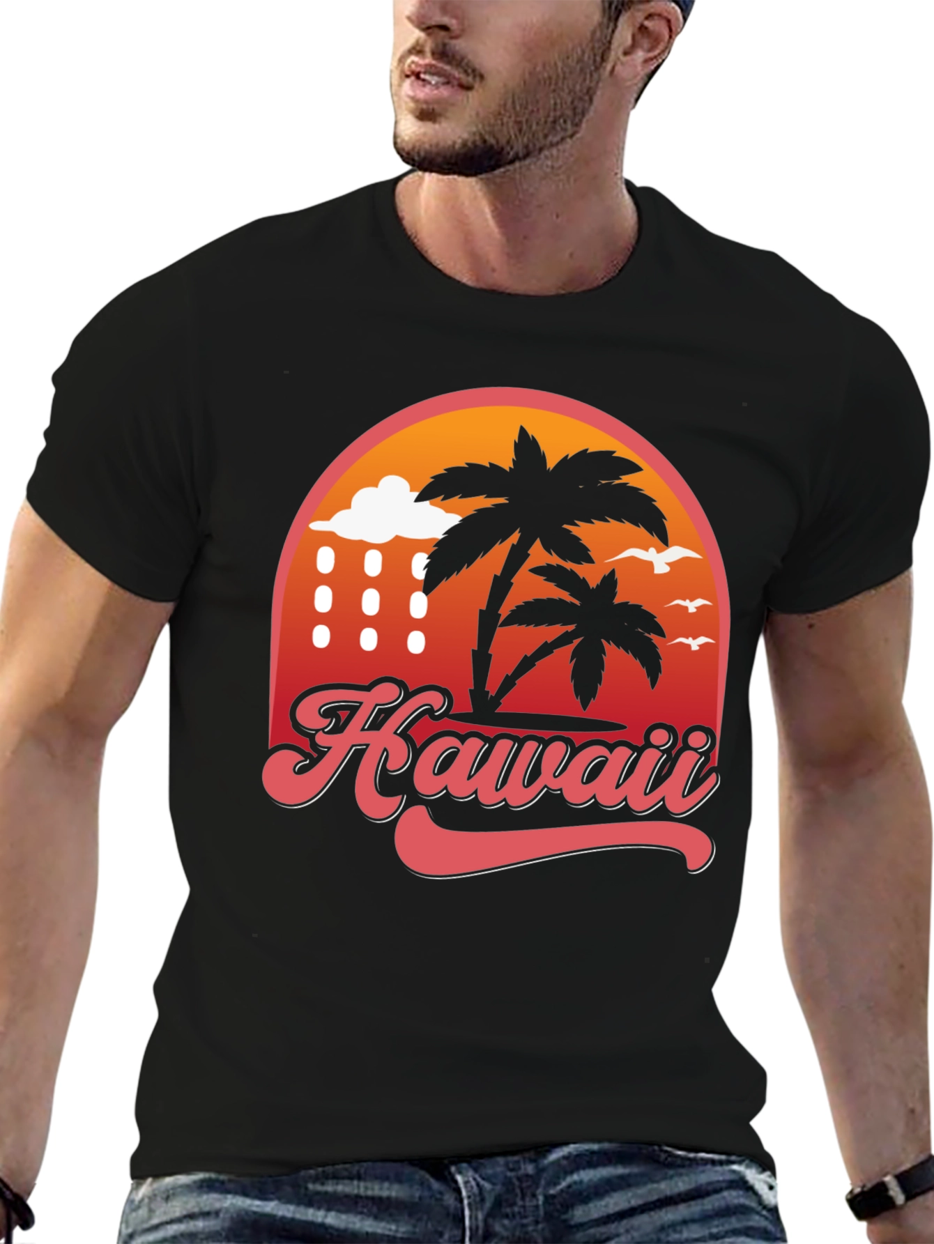 Hawaii Retro T-Shirt - Palm Tree Sunset Design