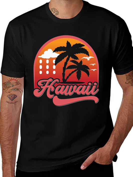 Hawaii Retro T-Shirt - Palm Tree Sunset Design